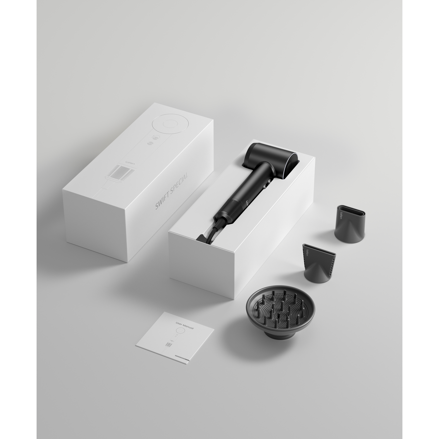 Hair dryer and accessories in a white box, with additional nozzles.