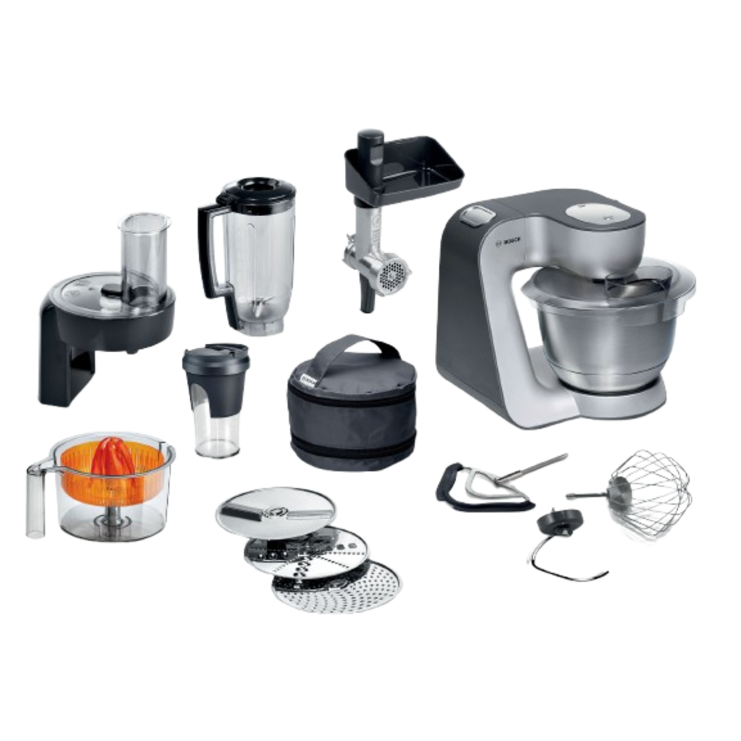 Een keukenmachine en zijn accessoires. Blender, grinder, juicer en messen.
