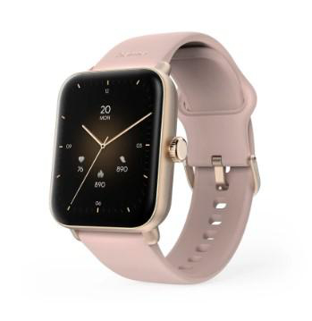 Eine rosa Smartwatch mit rechteckigem Bildschirm und Anzeige von Zeit und Gesundheitsdaten auf rosa Armband.