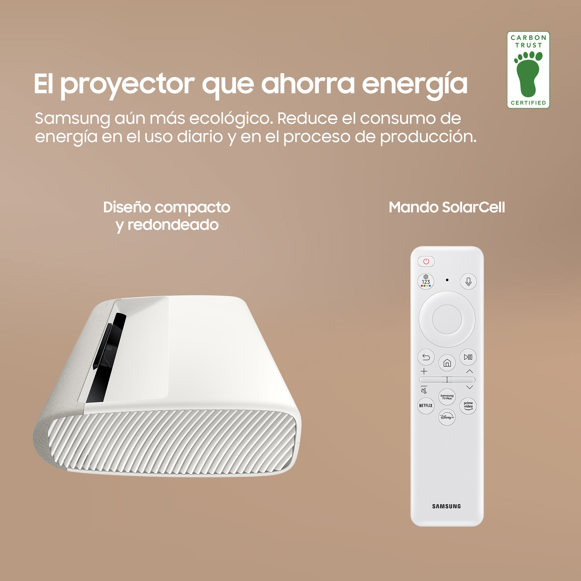 Proyector blanco con mando a distancia, texto sobre ahorro de energía y diseño ecológico.