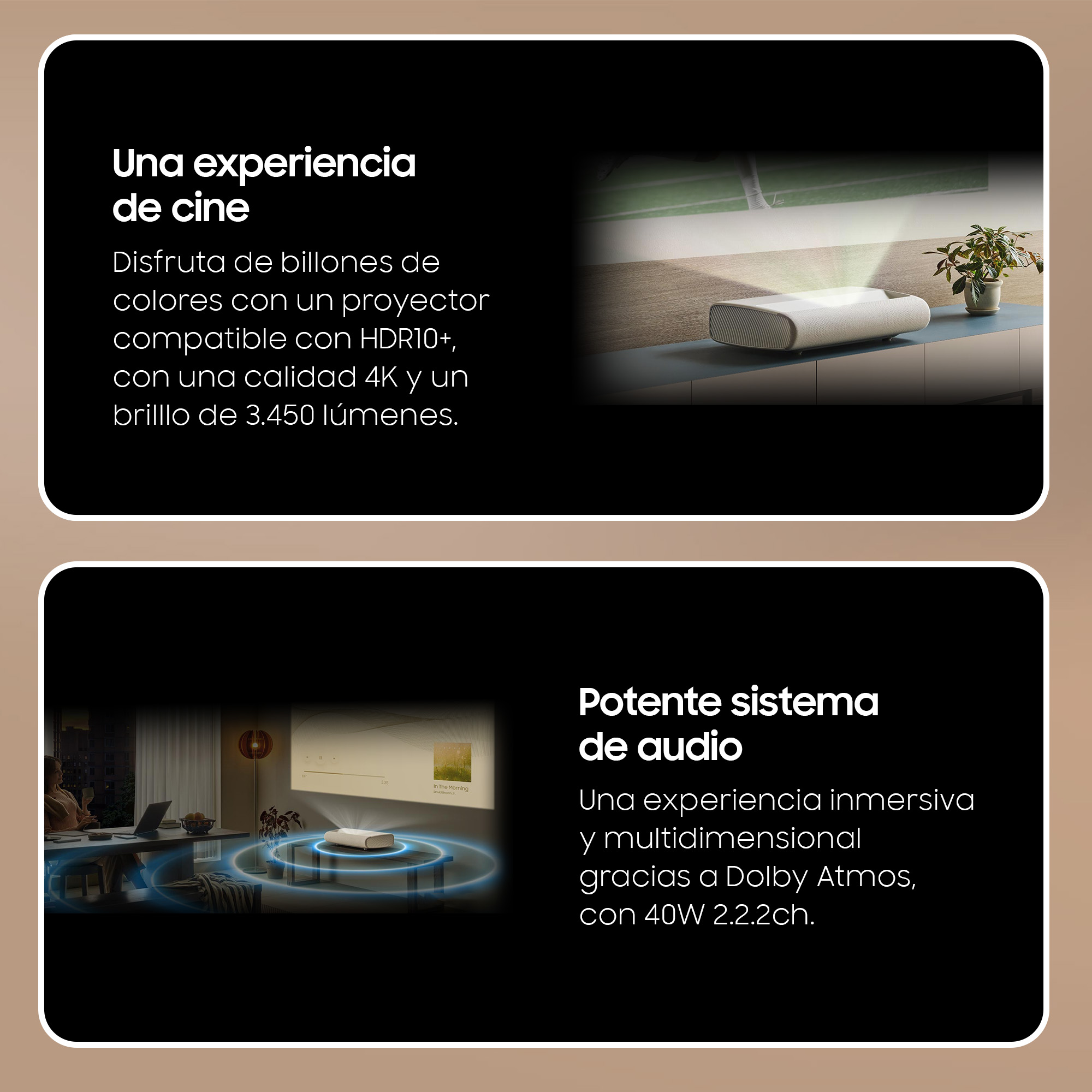 Dos imágenes con texto en español, mostrando las funciones del proyector y el sistema de audio.