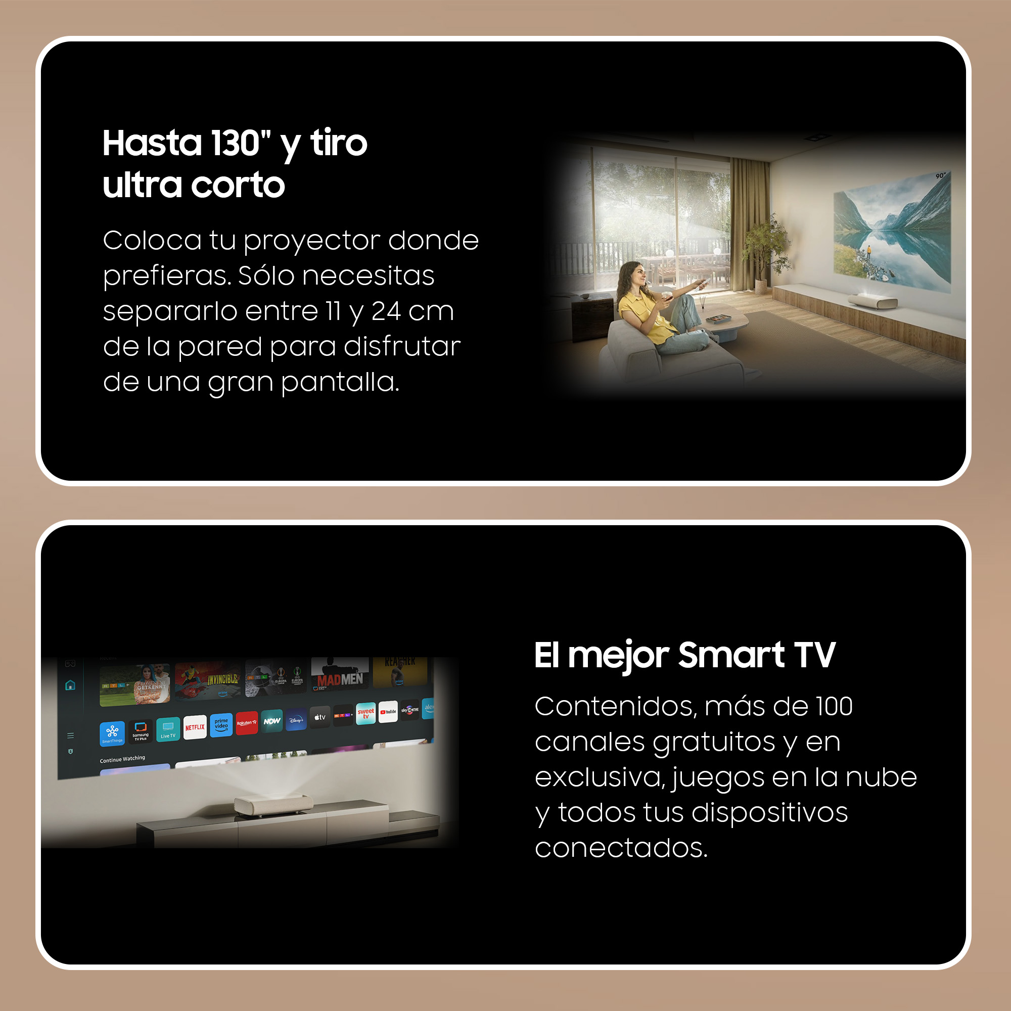 Anuncios con texto sobre un televisor y un proyector. Fondo blanco.