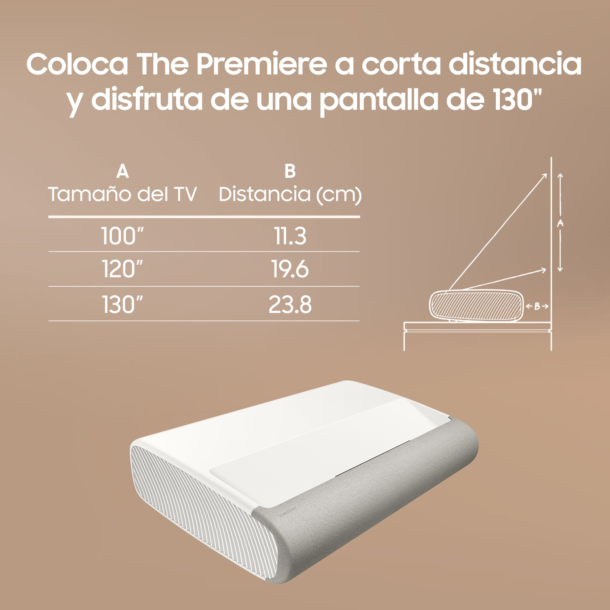 Diagrama que muestra un proyector, con distancias para pantallas de 100", 120" y 130". Texto en español.