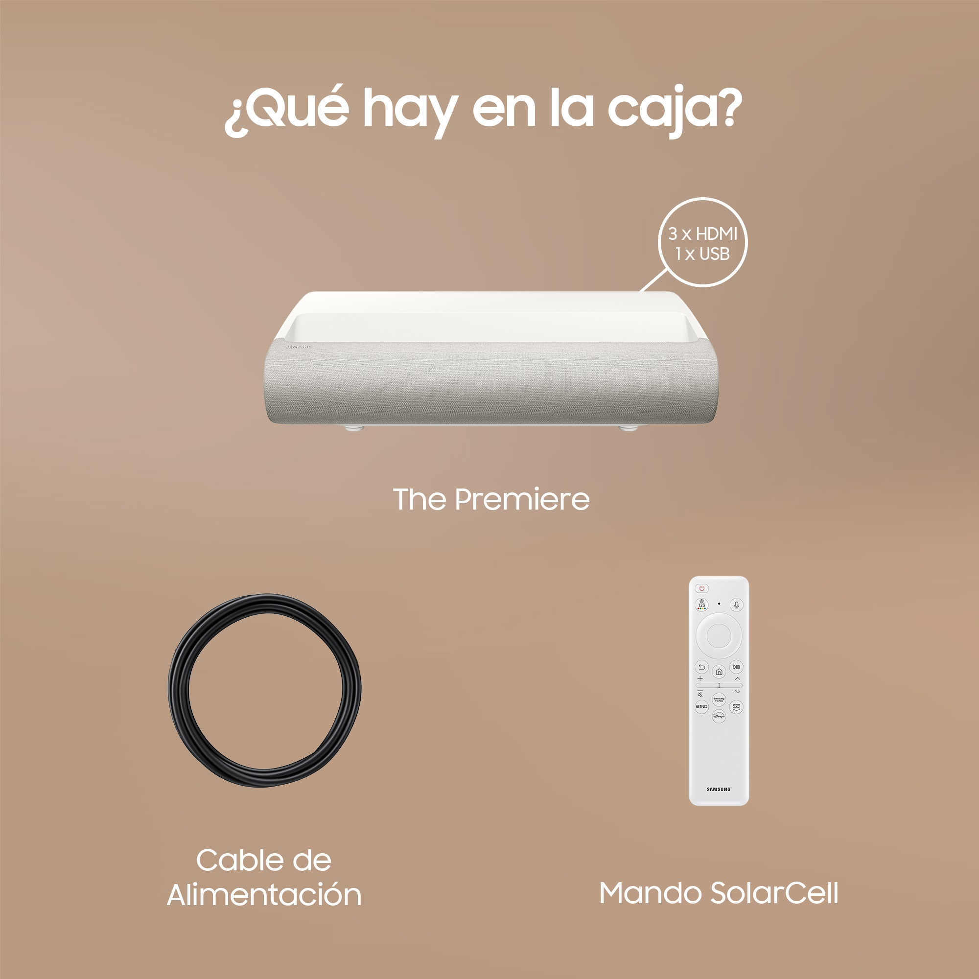 Proyector The Premiere, cable de alimentación y mando a distancia con etiquetas HDMI y USB.