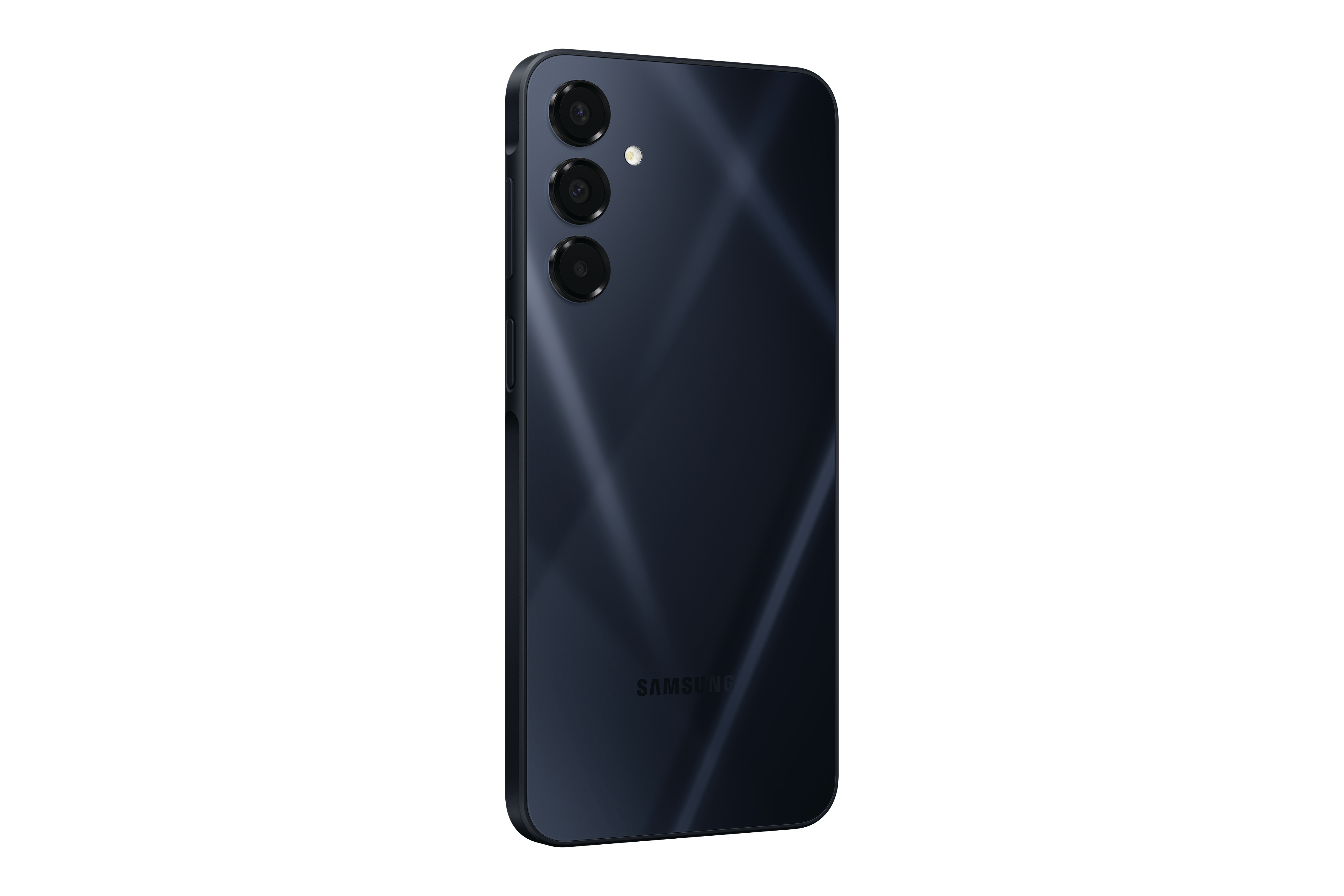 Rückansicht eines dunkelblauen Samsung-Telefons. Drei Kameras sind sichtbar, darunter das Samsung-Logo.