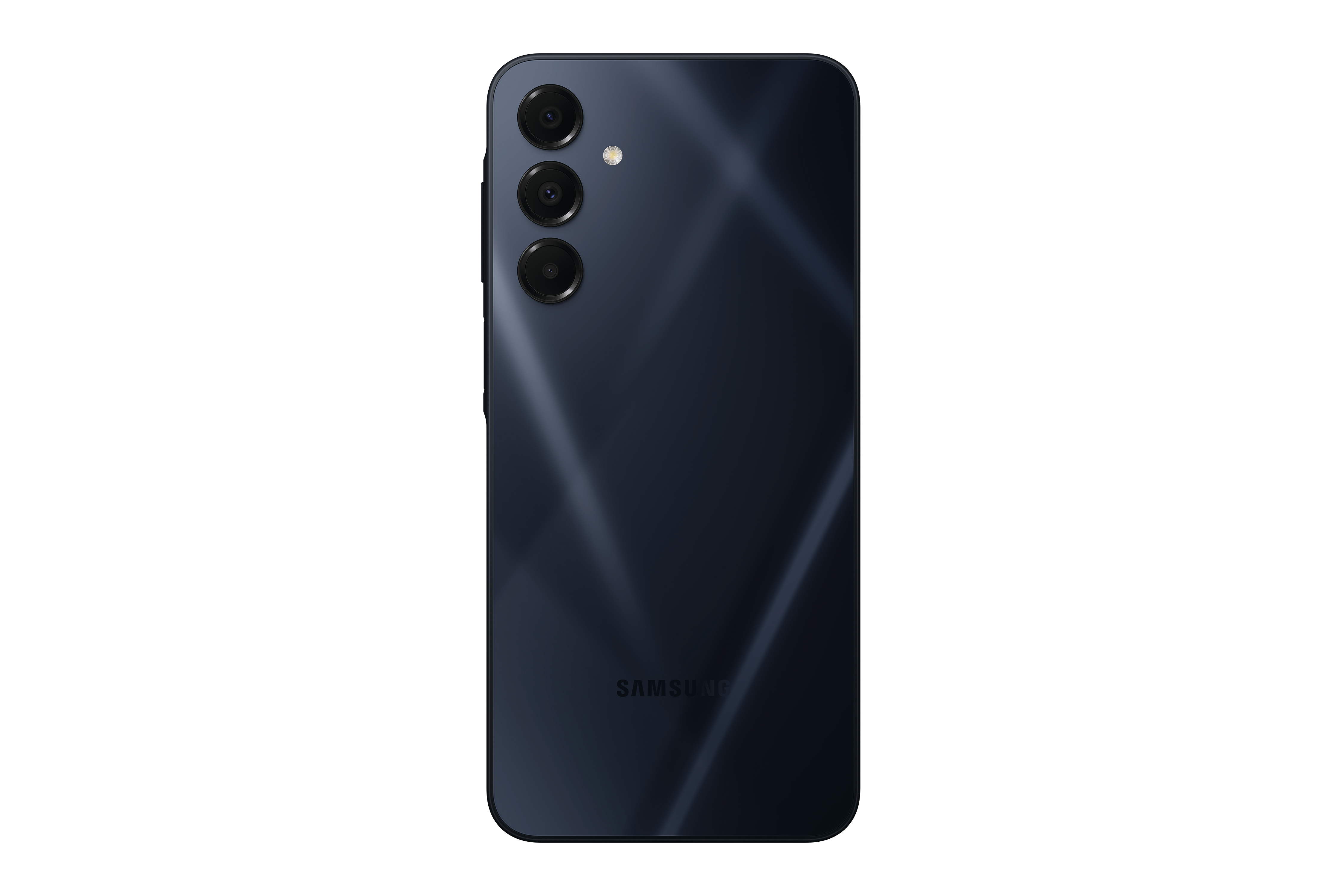 Die Rückseite eines schwarzen Samsung-Smartphones mit drei Kameralinsen und dem Samsung-Logo.