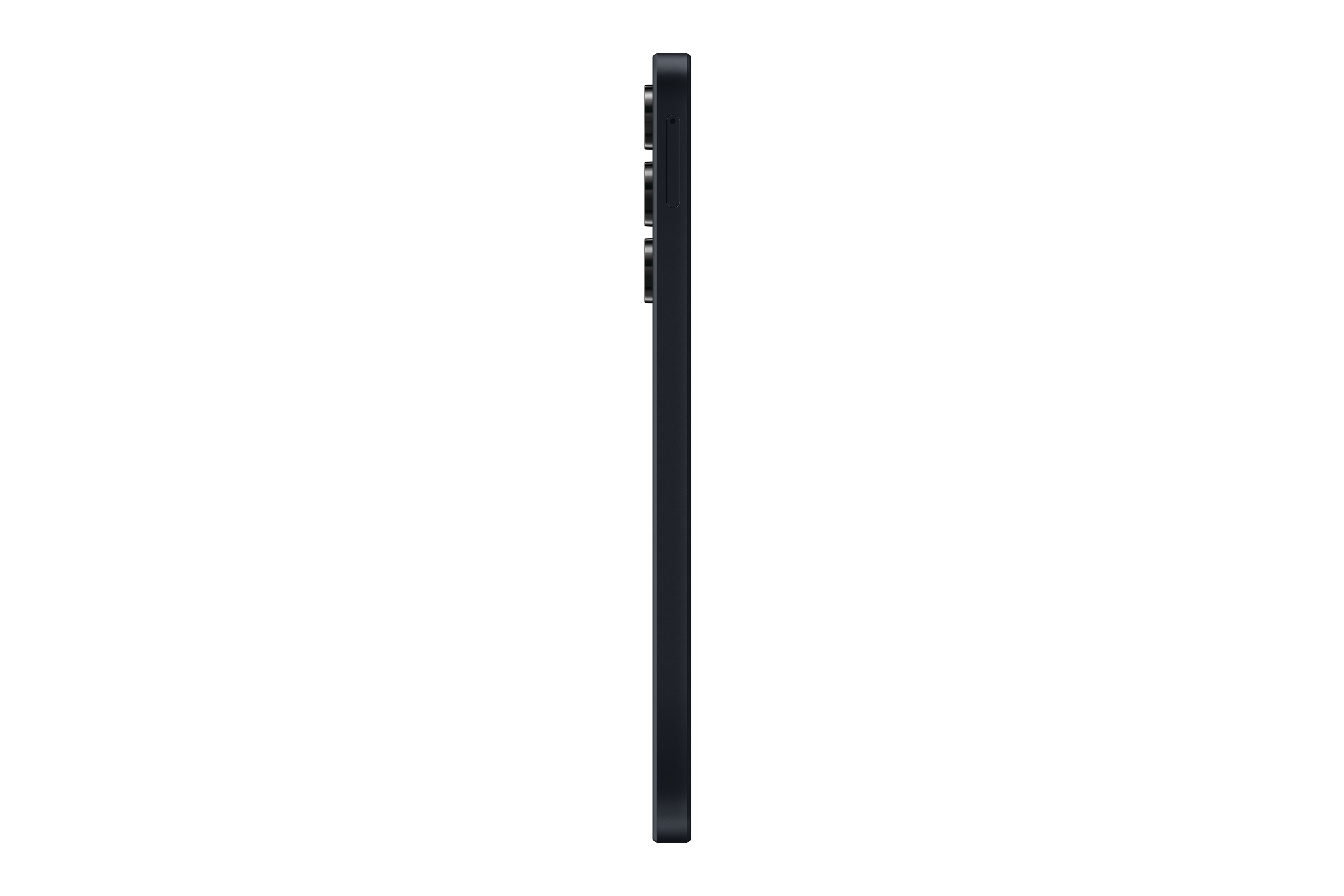 Ein schwarzes Smartphone-Profil. Das Telefon befindet sich auf weißem Hintergrund. Die Seitenansicht zeigt die Kamera.
