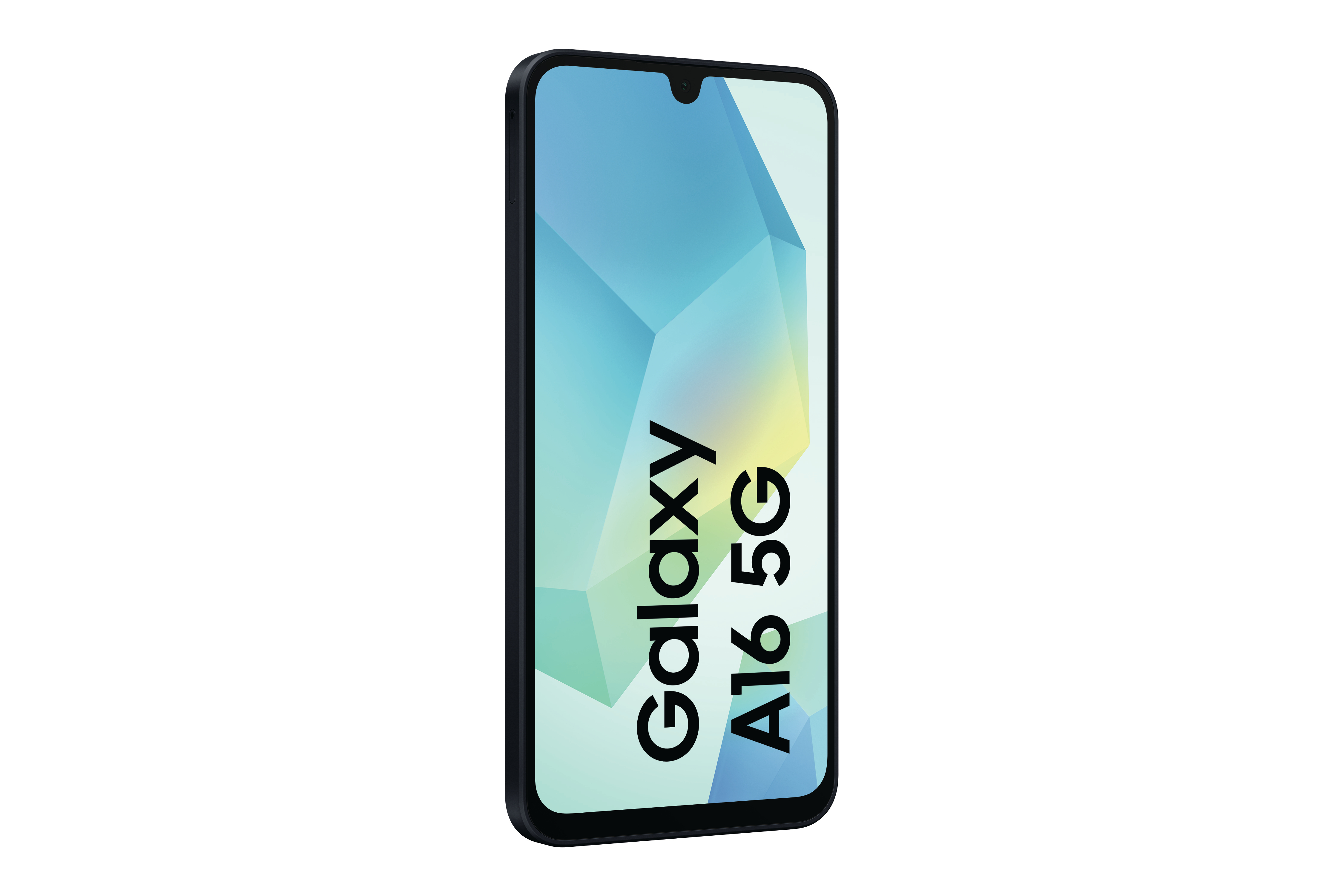 Ein schwarzes Smartphone mit großem Bildschirm, der 'Galaxy A16 5G' anzeigt.