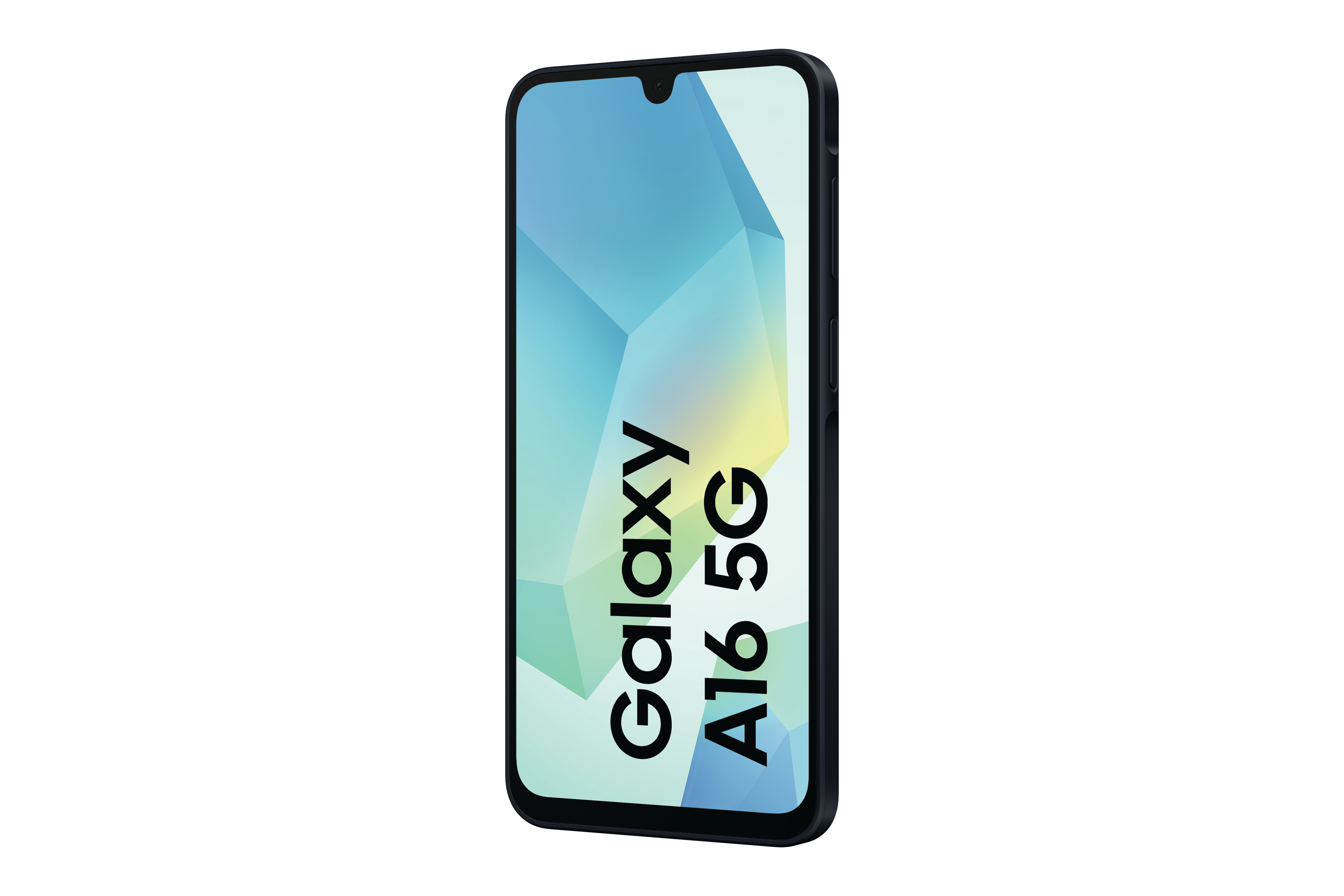 Schwarzes Samsung Galaxy A16 5G-Telefon mit einem Bildschirm, der ein farbenfrohes abstraktes Design zeigt.