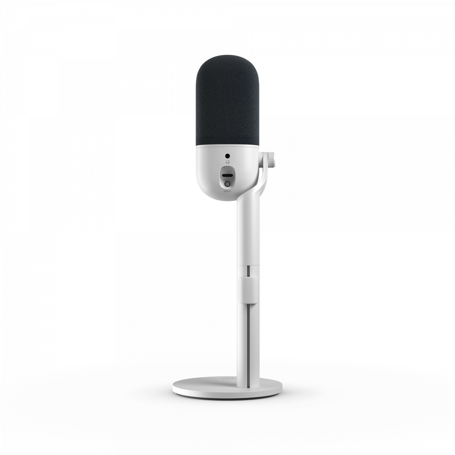White microphone on a stand. Black mesh top. Buttons below the microphone.