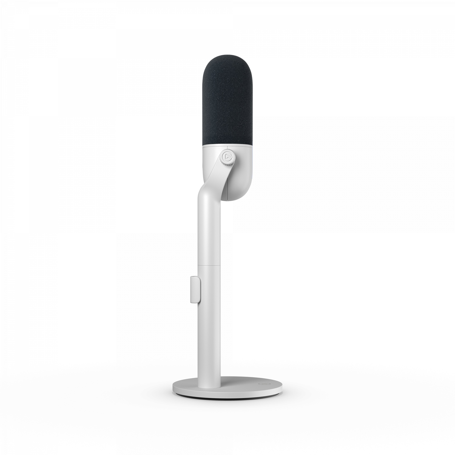 A white and black microphone on a white stand. The microphone is a sleek, modern design.
