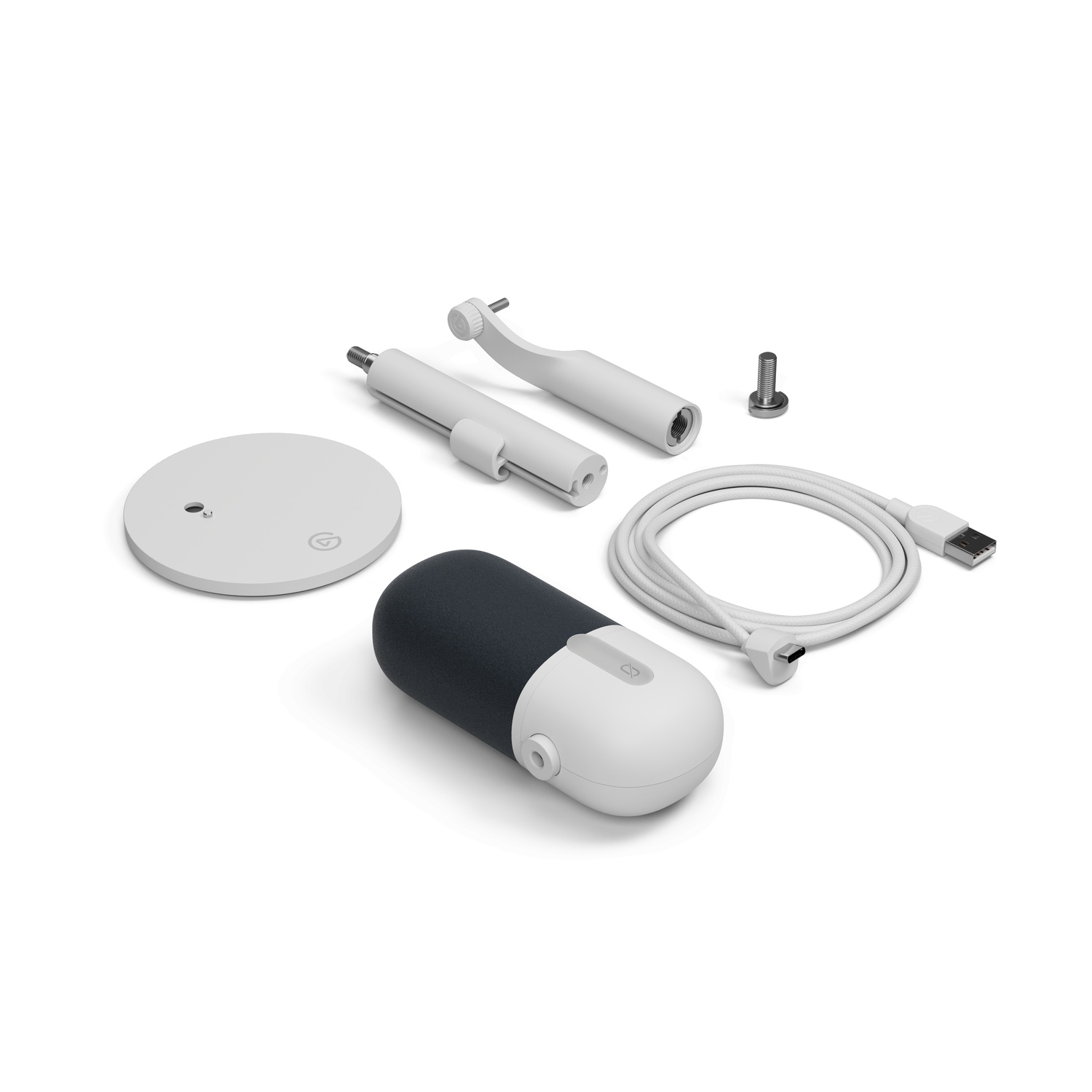 A set of white tech accessories, including a charger, charging base, and a cable.