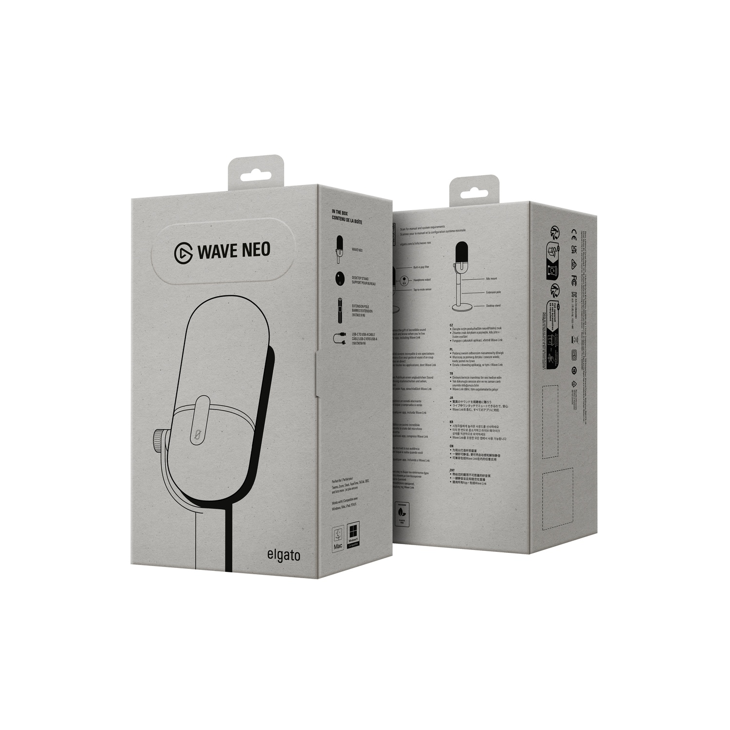 Two Elgato Wave Neo microphone boxes, white with illustrations, standing side by side.