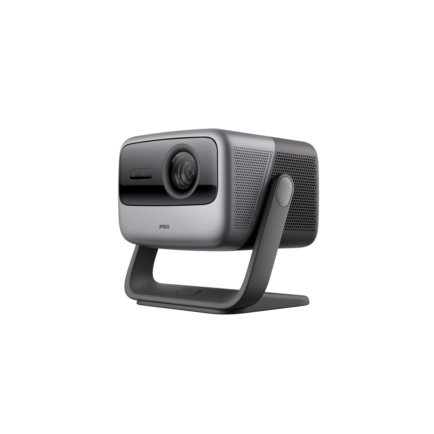 Een zilveren JMGO-projector op een standaard tegen een zwarte achtergrond, met een lens en ventilatiegaten.