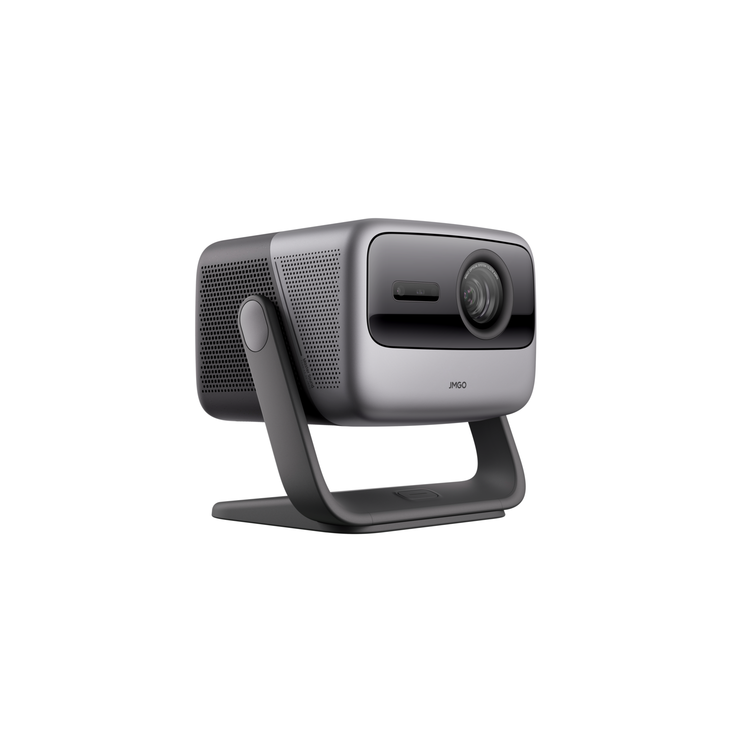 Een grijze projector op een standaard, met een lens en het woord "JMGO" zichtbaar aan de voorkant.