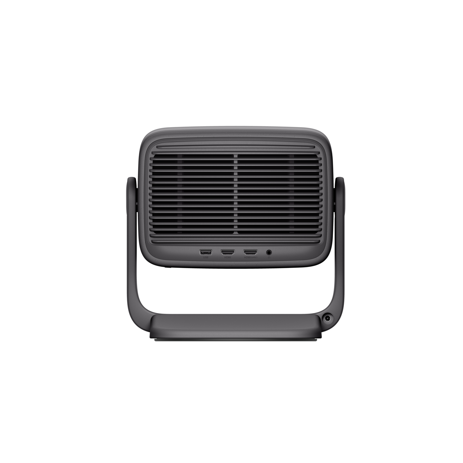 Donkergrijze ventilator met vierkant lichaam en gebogen handvat. Met horizontale lamellen.