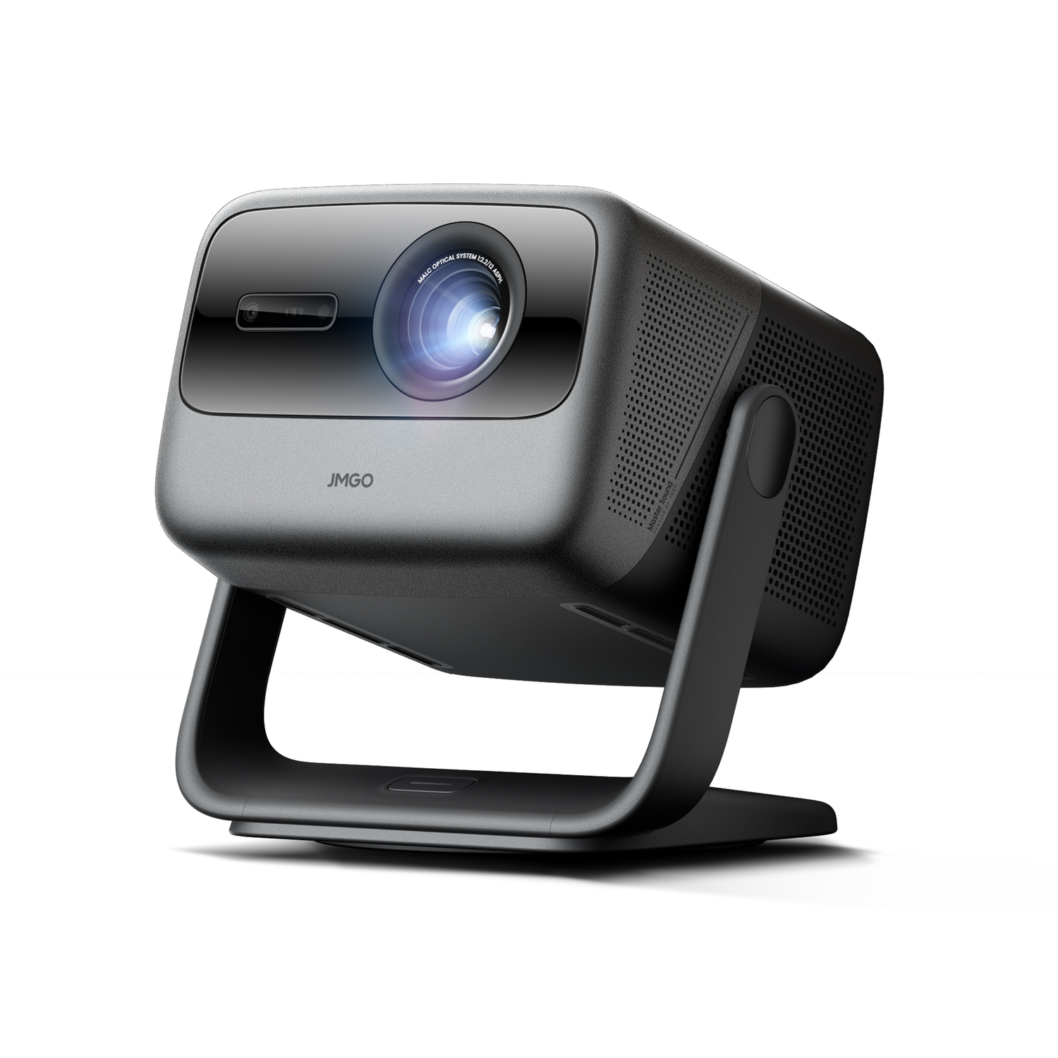 Grijze projector op een standaard, schuin naar de kijker. JMGO merknaam zichtbaar.