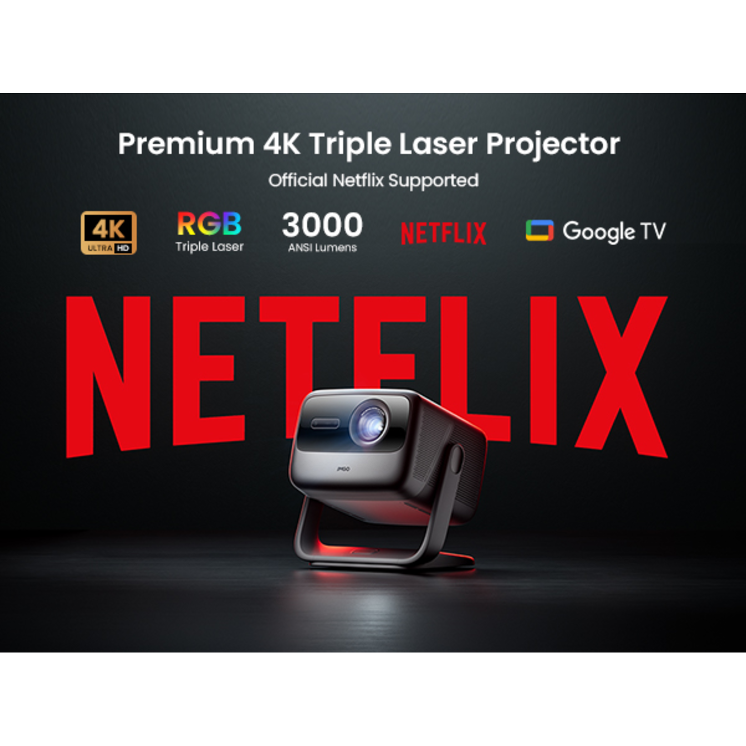 Projector met rood Netflix-logo. Tekst: 4K, RGB Triple Laser, 3000 ANSI Lumen.