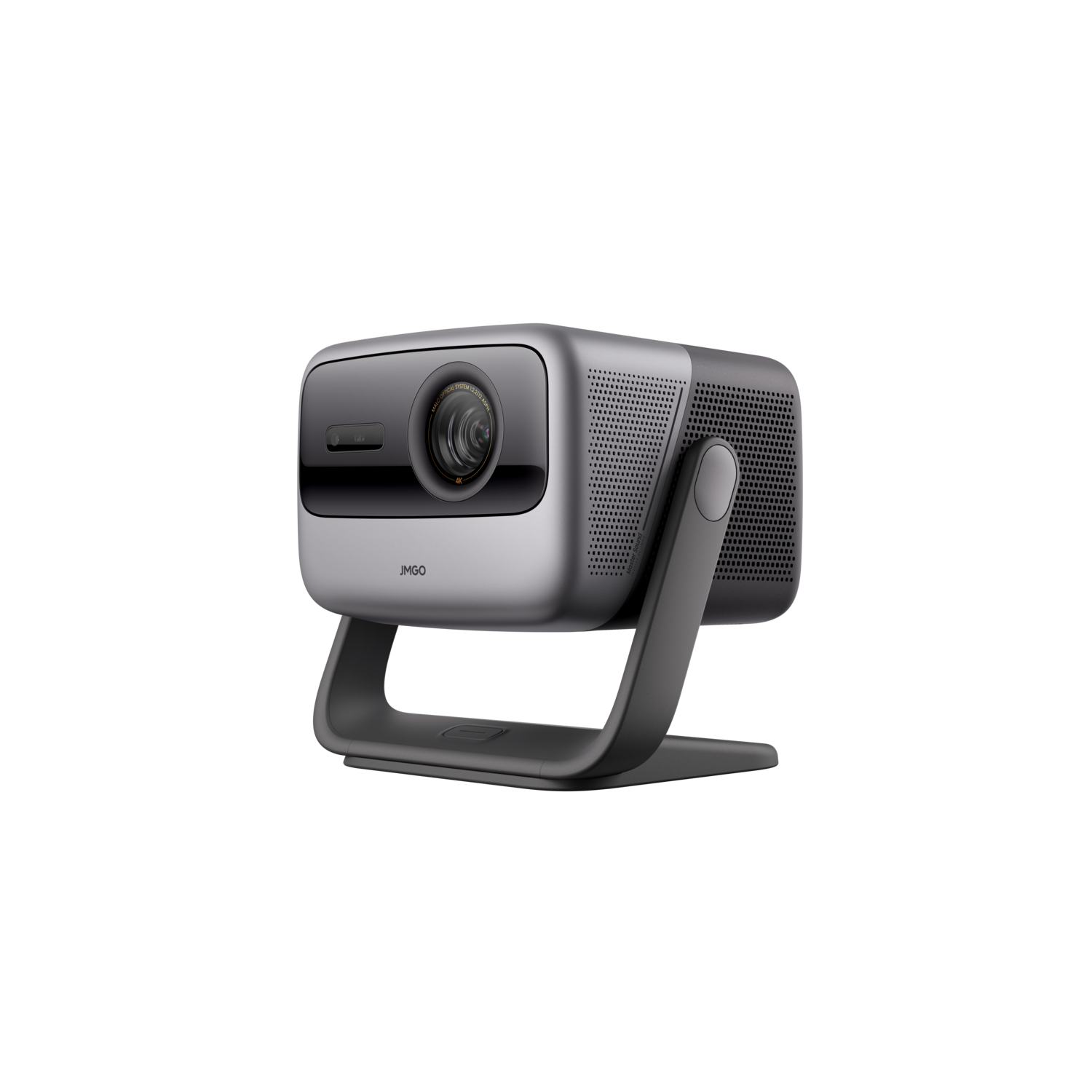 A gray projector on a stand, with a black background.