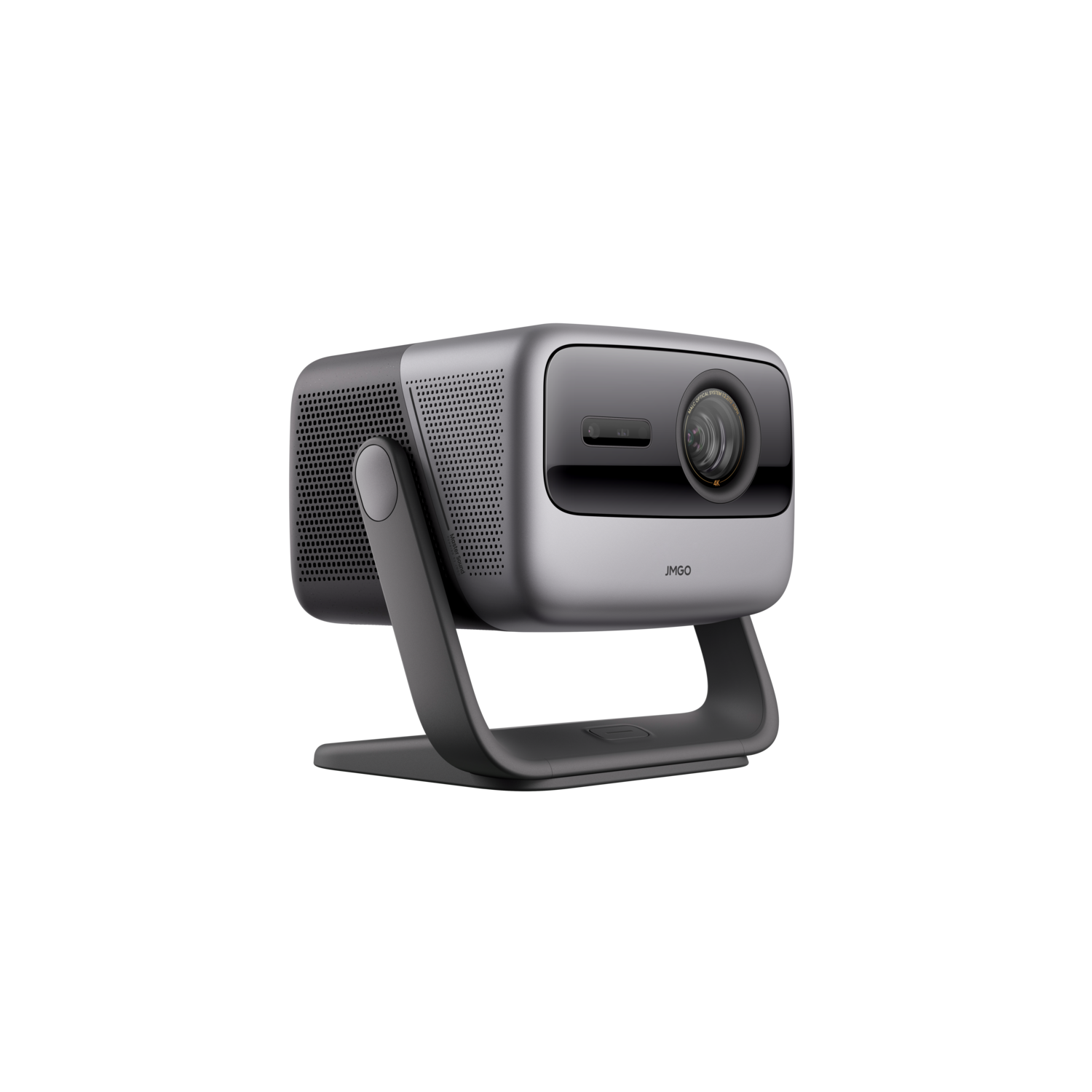 A gray projector with a dark base. The lens faces forward, and the brand name JMGO is visible.