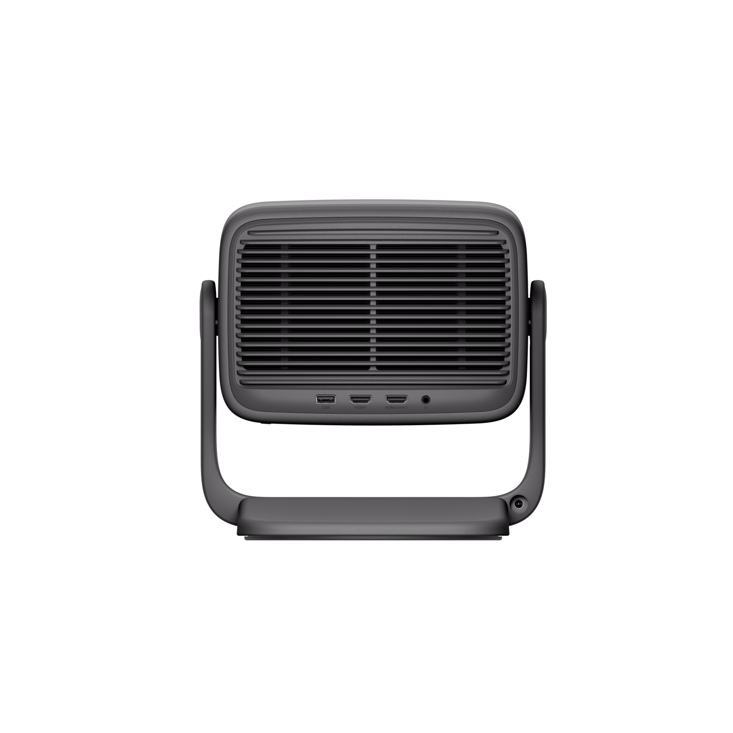 Dark gray fan with horizontal slats. Has a stand, and ports on front.