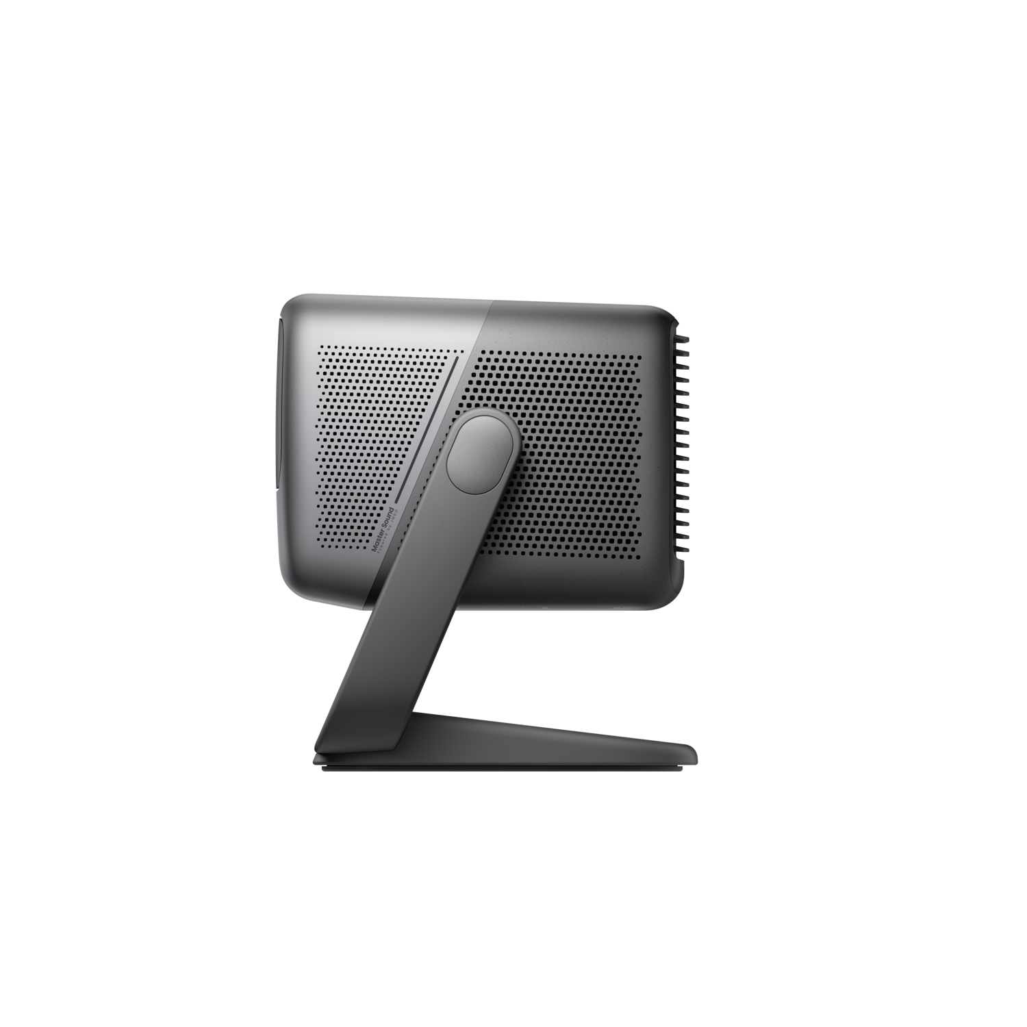 A black speaker with a stand, viewed from the back. It has a perforated metal grille and a control knob.