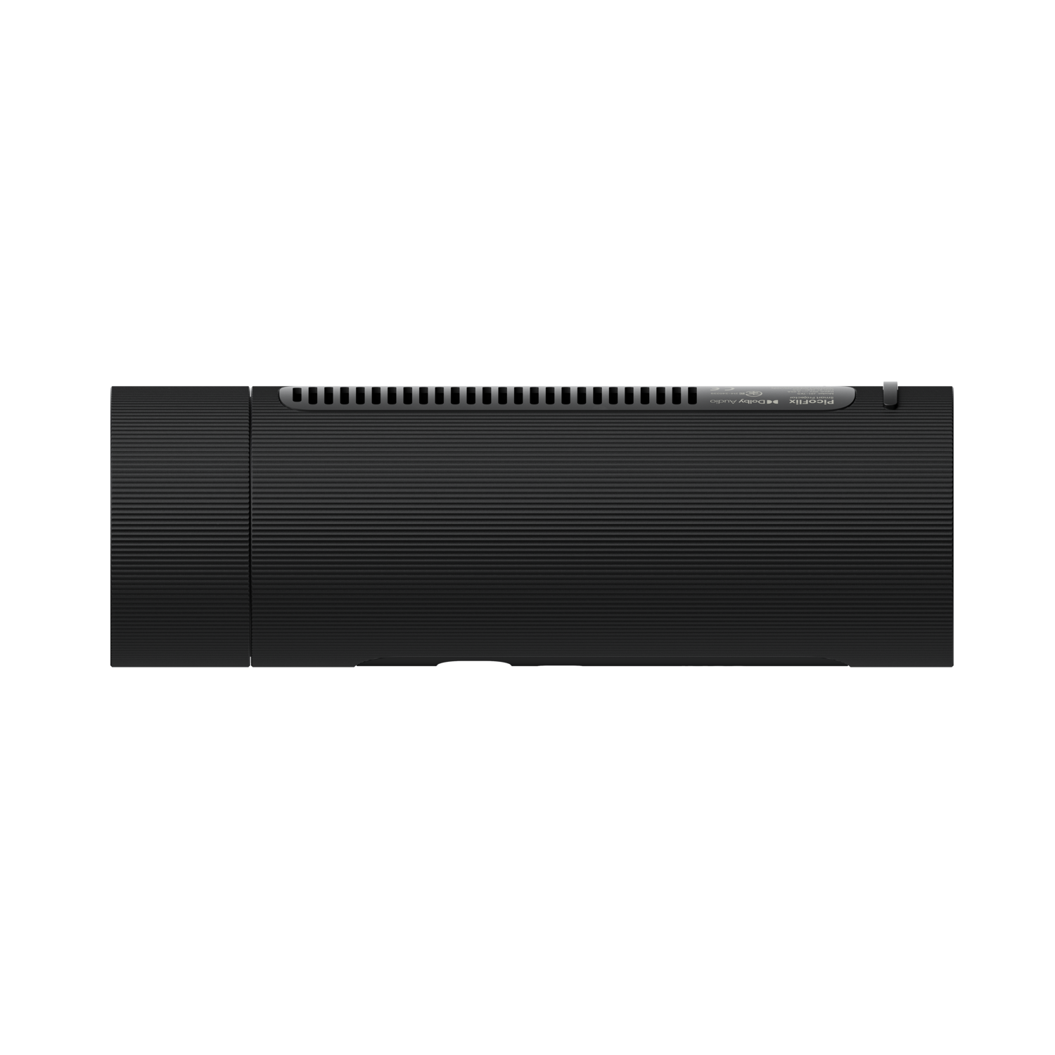 Zwarte soundbar, bovenaanzicht. Bevat Dolby Audio-logo en ventilatieopeningen aan de zijkant.