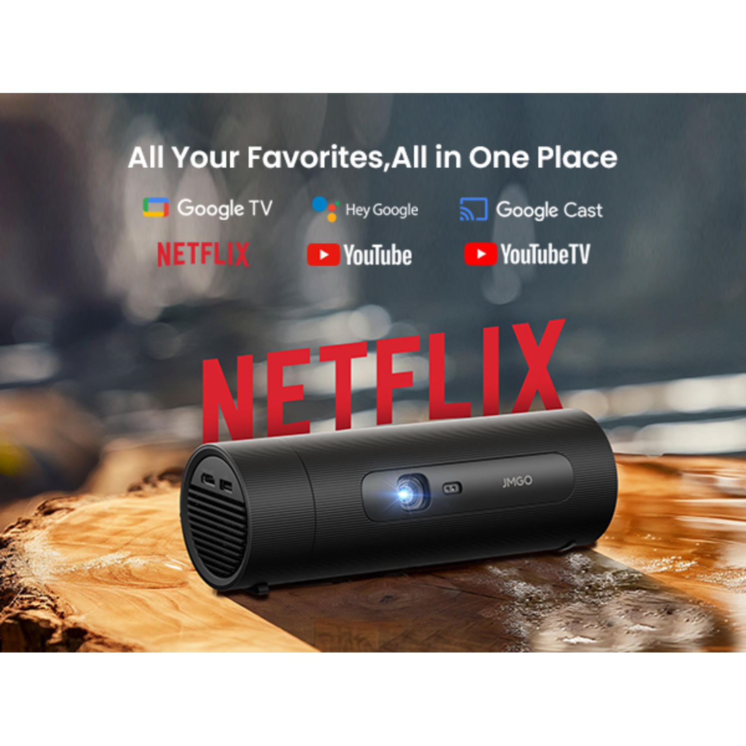 Een zwarte draagbare projector met de tekst 'All Your Favorites, All in One Place' erboven.