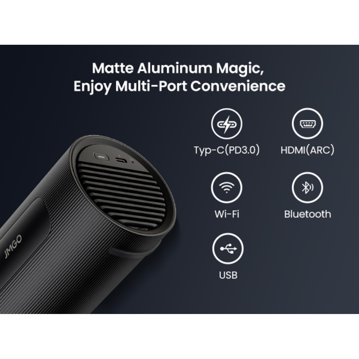 Zwart cilindrisch apparaat met poorten en pictogrammen, tekst: Matte Aluminum Magic, Enjoy Multi-Port Convenience.