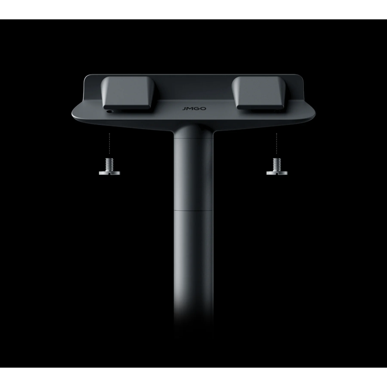 Dark gray stand with two mounts, with screws, against a black background.