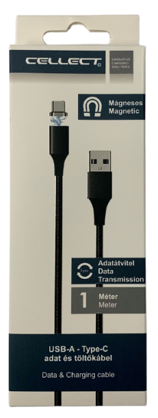 Fekete USB-A-ról Type-C-re adat- és töltőkábel fehér-fekete dobozban, szöveggel.