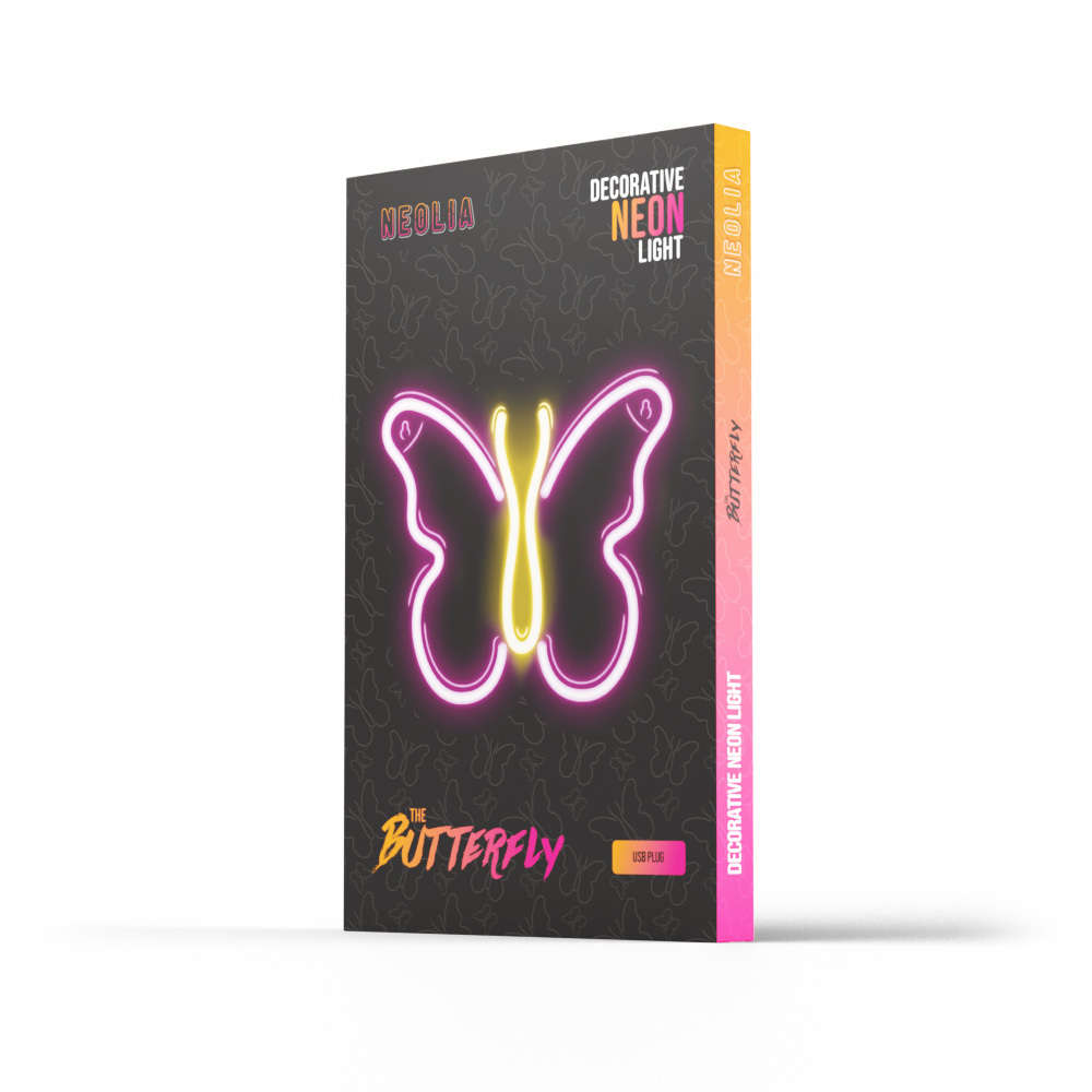 Doboz neonfény pillangó dizájnnal. Tartalmazza a NEOLIA és THE BUTTERFLY szavakat.