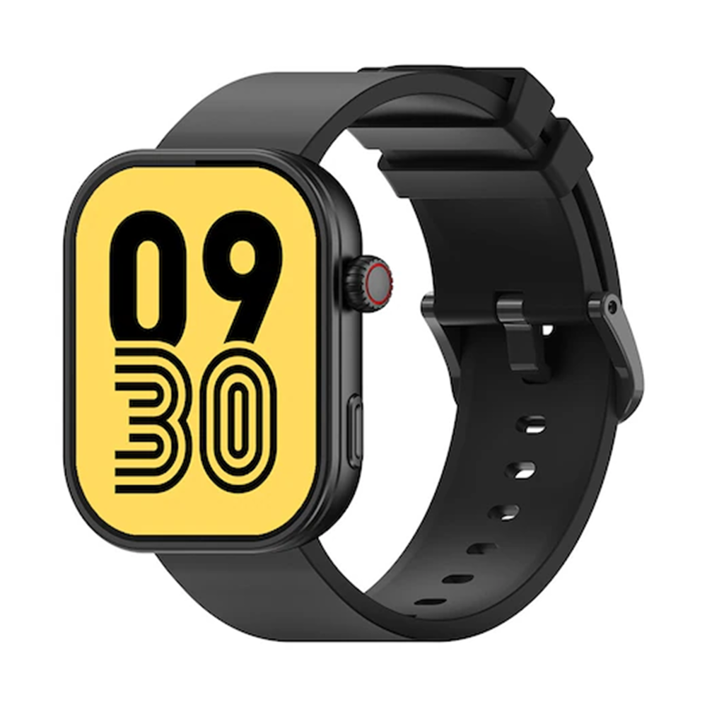 Sarı ekranlı (09:30) siyah akıllı saat ve siyah kayış, beyaz zemin üzerinde.