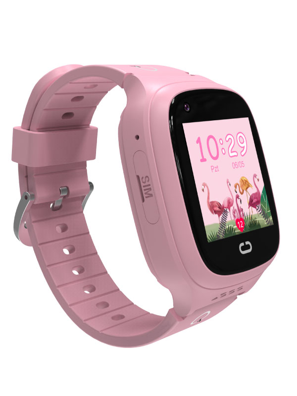 Pembe kayışlı pembe akıllı saat. Ekran saat ve flamingo grafiklerini gösteriyor.