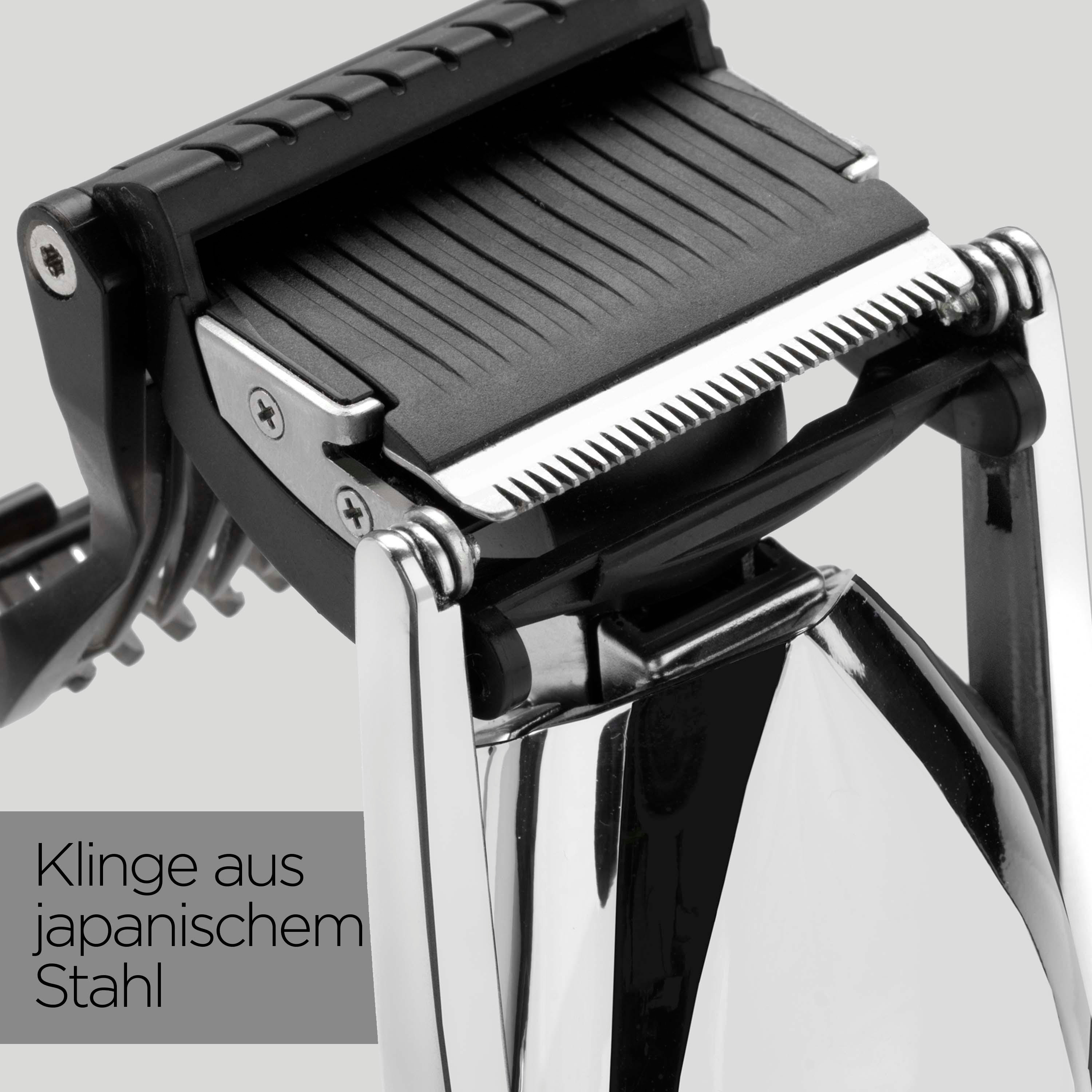 Nahaufnahme eines schwarzen und silbernen Trimmers mit japanischer Stahlklinge.