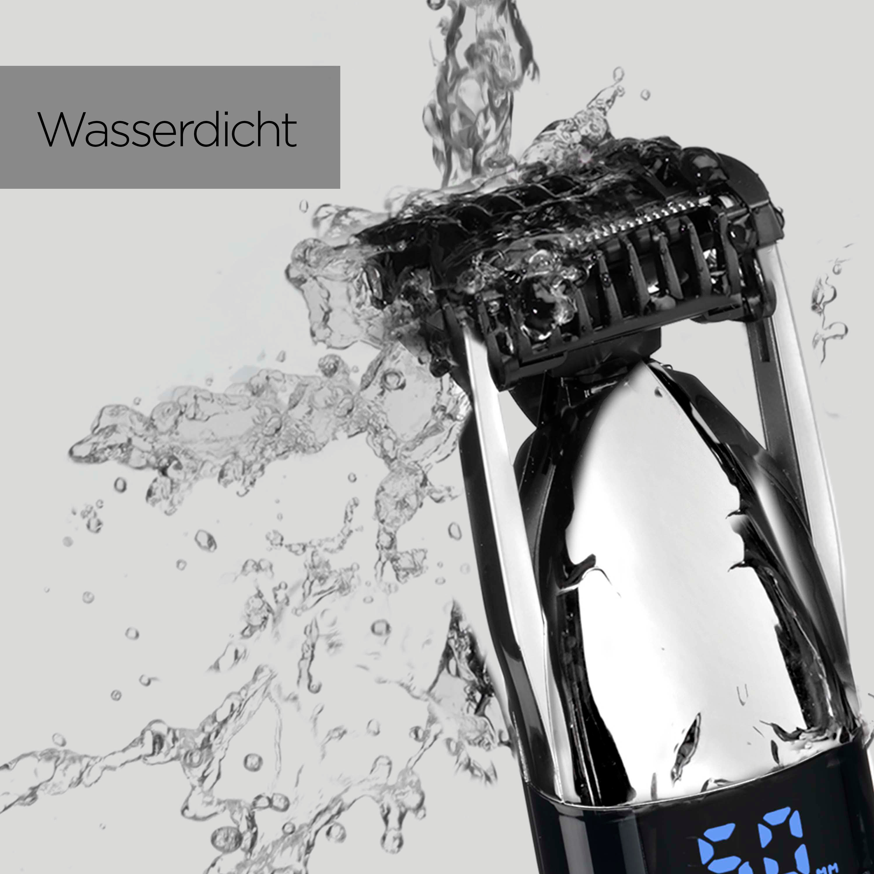 Nahaufnahme eines elektrischen Rasierers mit Wasserspritzern. Der Rasierer ist schwarz und silber.