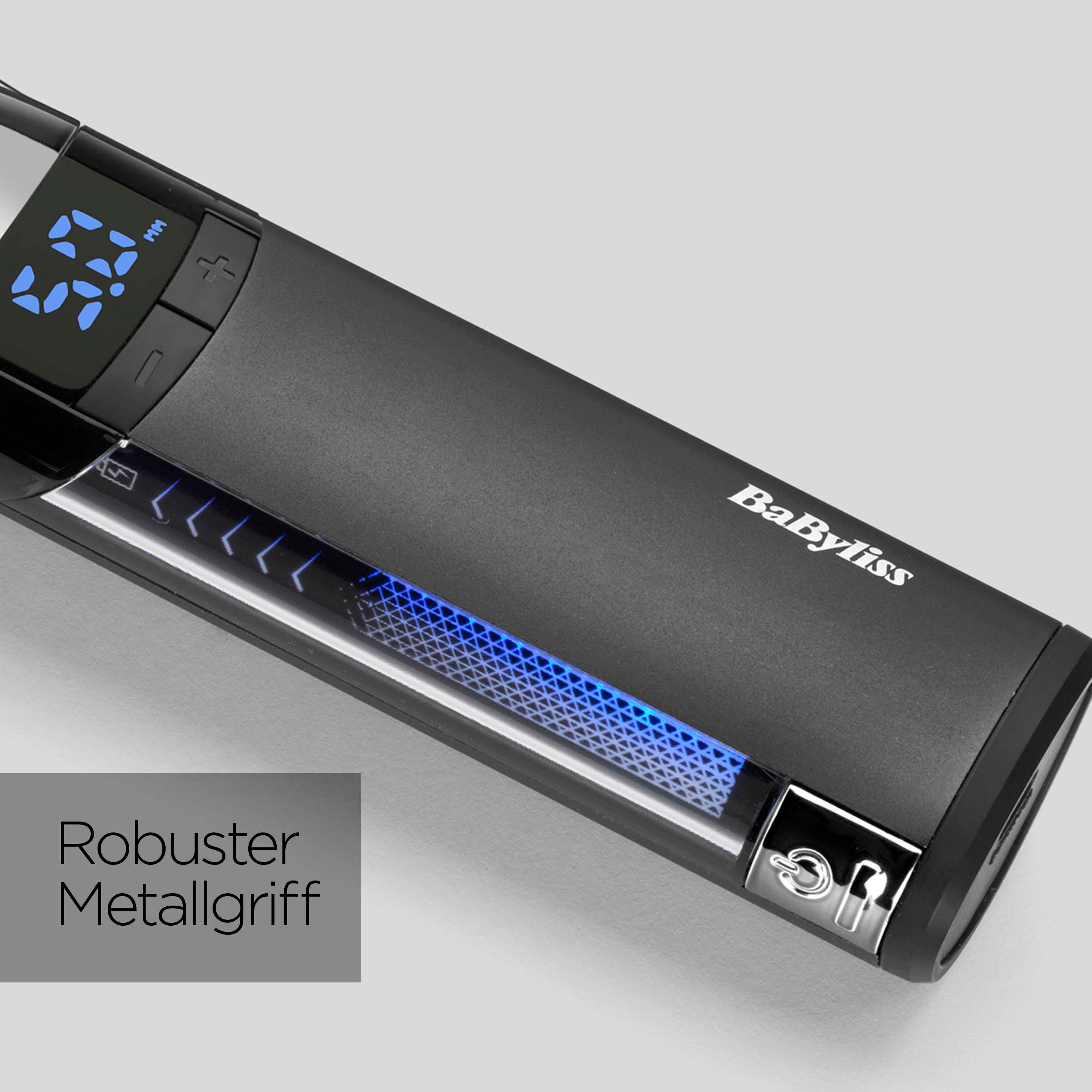 Schwarzer Haarglätter mit Digitalanzeige und dem Markennamen BabyLiss.