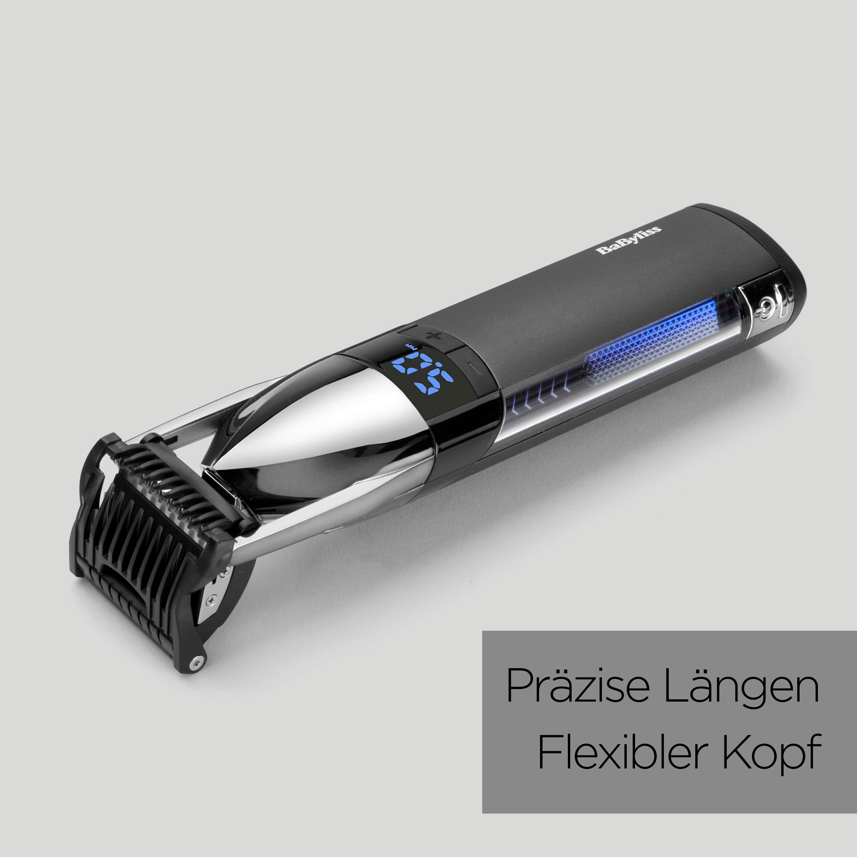 Schwarzer und silberner elektrischer Haartrimmer mit digitaler Anzeige mit blauen Zahlen und Text.