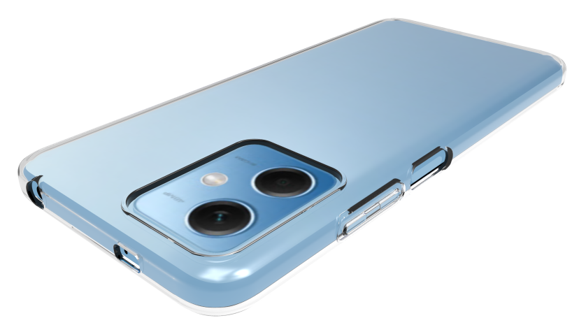 Telefon átlátszó tokban. A tok egy kék telefonon van. A telefonnak két kamerája van.
