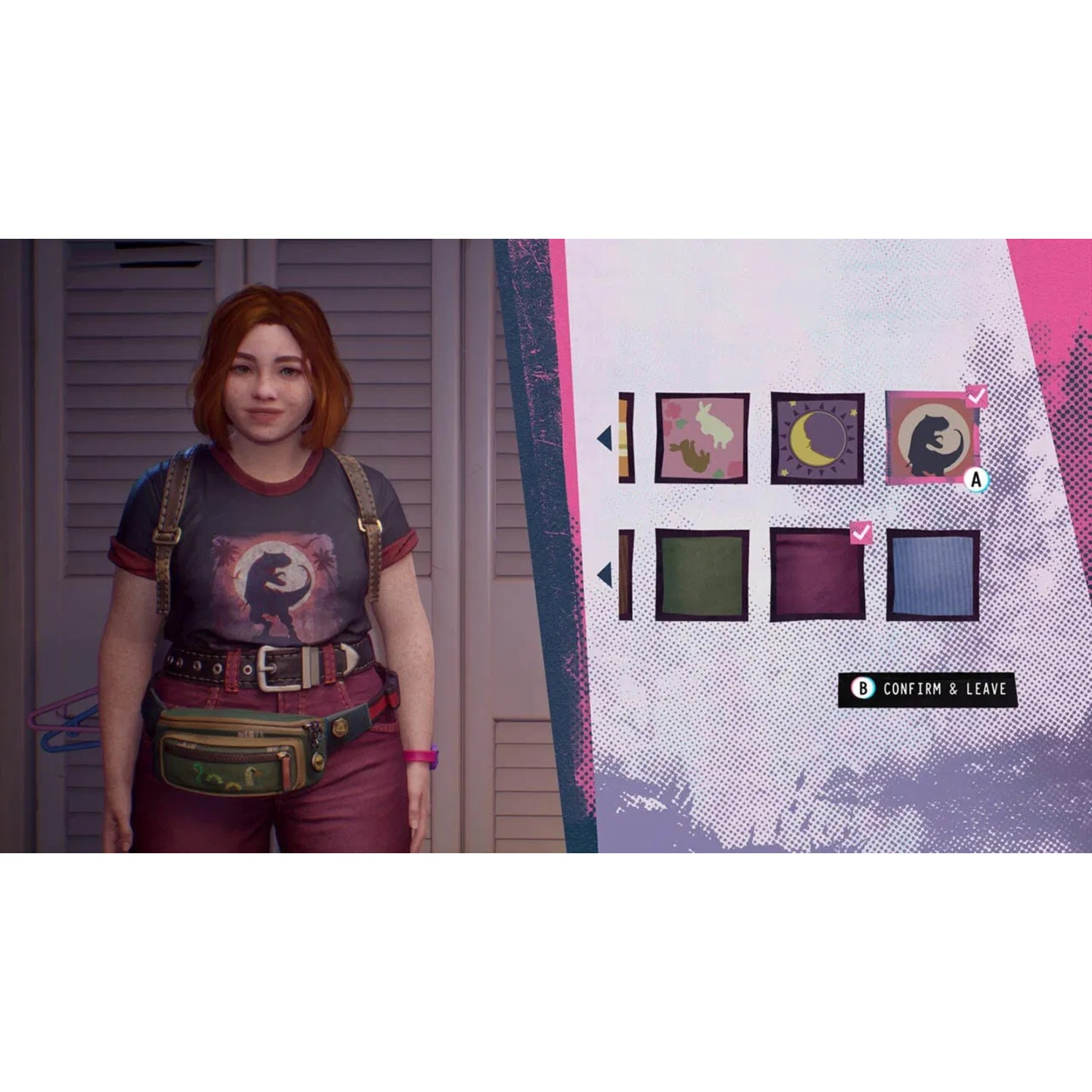 Een jonge vrouw die binnen staat in een spelomgeving. Ze draagt een shirt, heuptas en bekijkt opties.