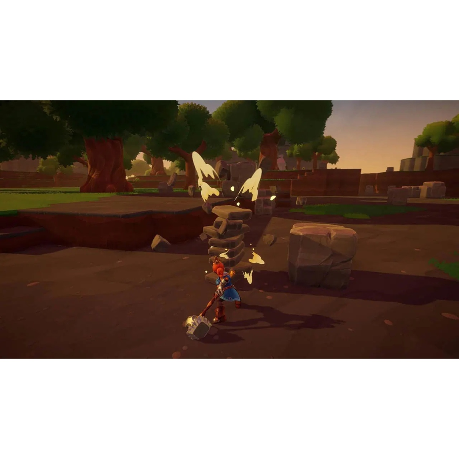 A video game scene with a character swinging a hammer at stacked rocks. Trees and a stone block are visible.