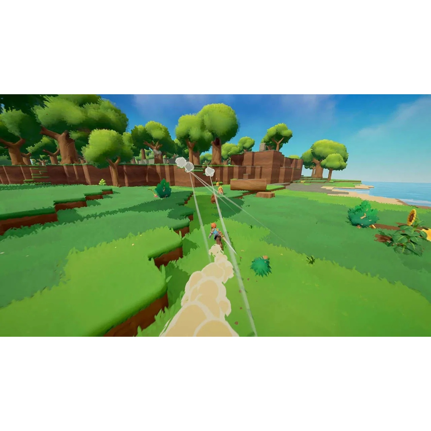 Video game scene. Animated figures are in a green field. A trail of dust is visible.
