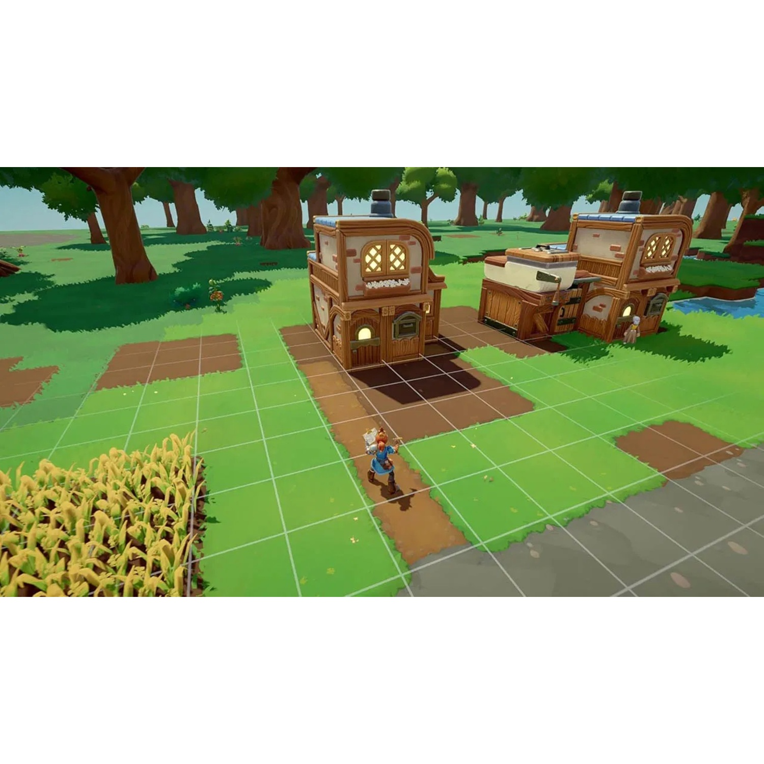 A cartoon-style village with buildings and a character walking.