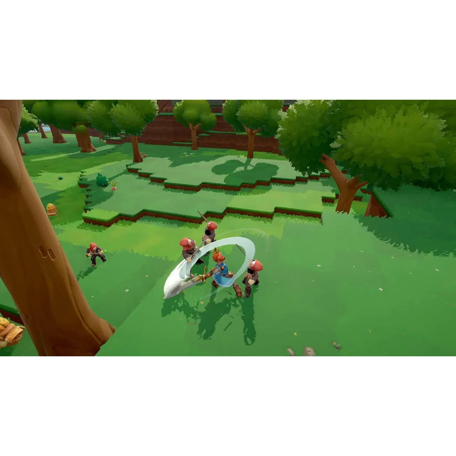 Video game screen with characters fighting in a cartoon forest setting.