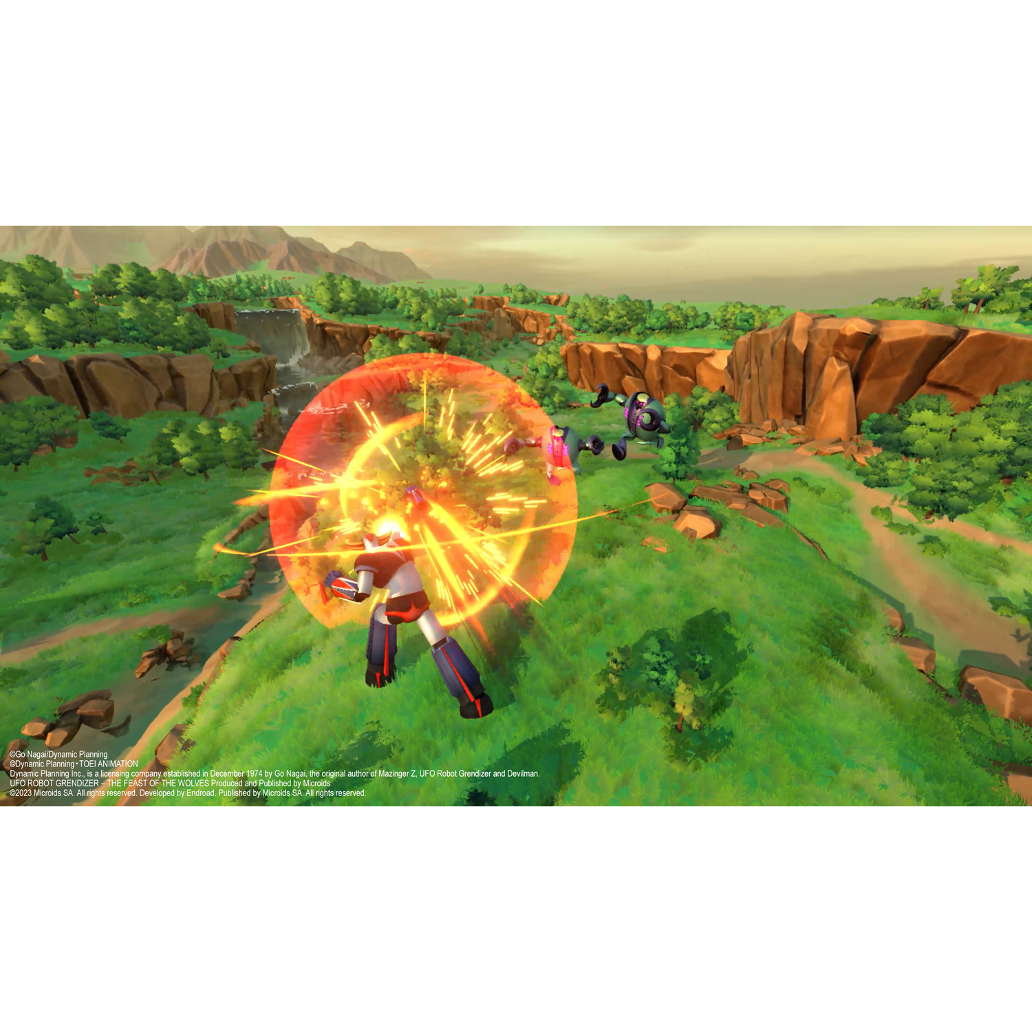 Een videogame scène met een geanimeerde robot en andere figuren in een landschap.