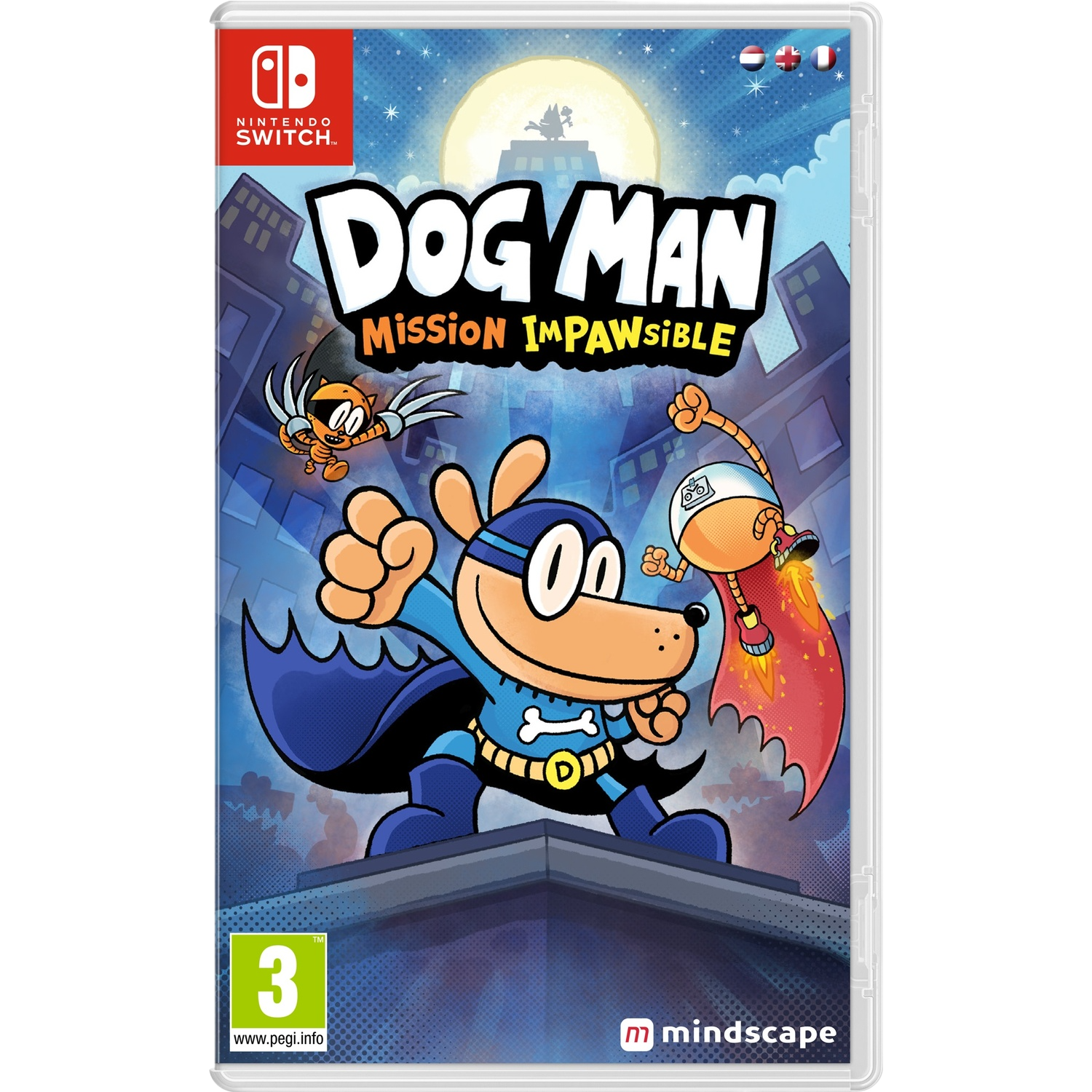 Boîte de jeu Dog Man, personnages de dessins animés. Dog Man sur un bâtiment, avec un personnage volant.