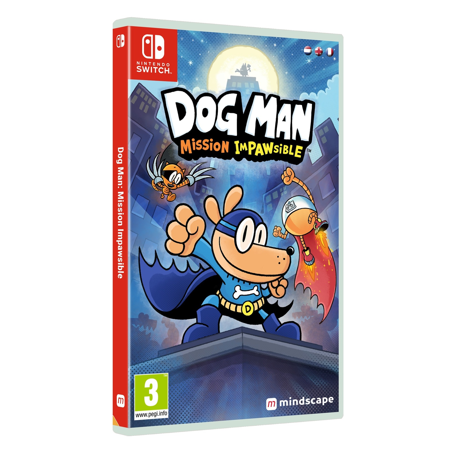 Illustration de la boîte du jeu vidéo Dog Man. Chien de dessin animé en costume bleu, fusée et texte sur une boîte Nintendo Switch.