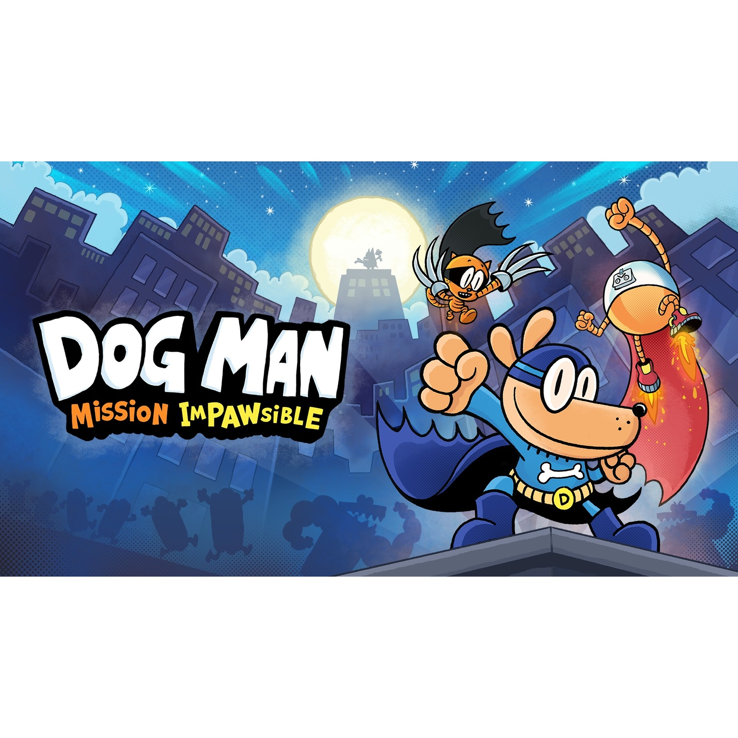 Couverture de la bande dessinée Dog Man. Dog Man se tient sur un toit avec deux acolytes, en arrière-plan un paysage urbain.