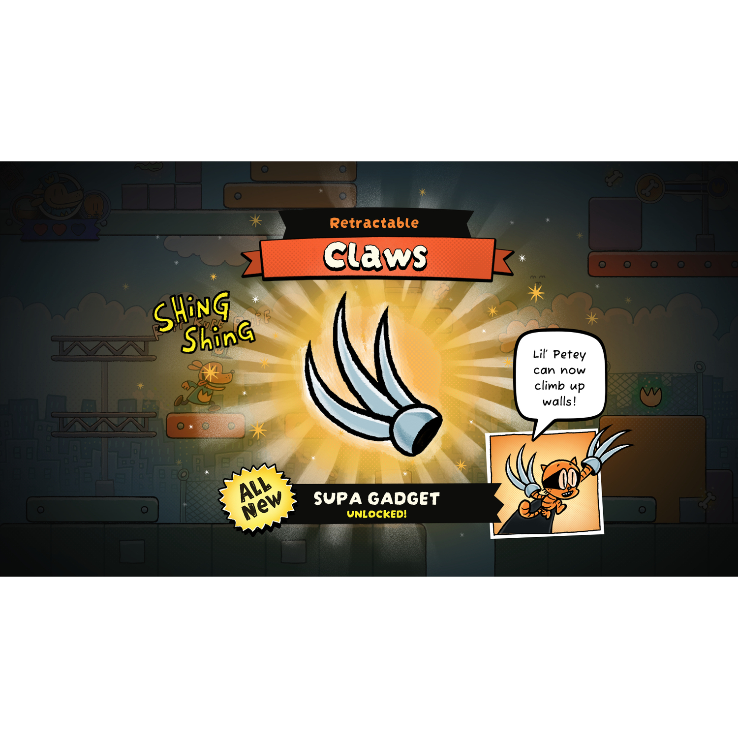 Un dessin animé avec un chat avec des griffes et du texte, 'Supa Gadget Unlocked! Retractible Claws'.
