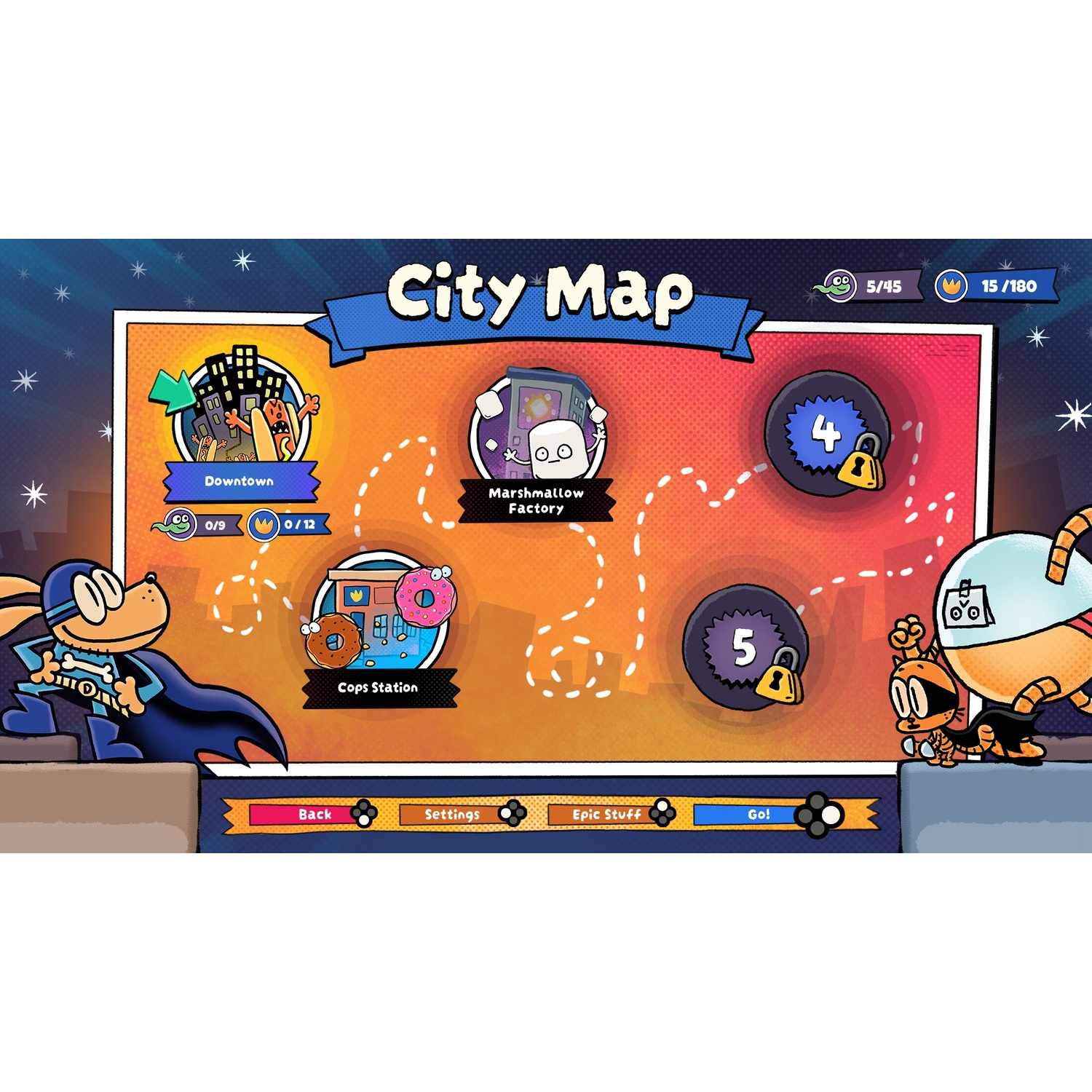 Un écran de jeu affichant une carte de la ville. Il montre différents lieux et personnages.